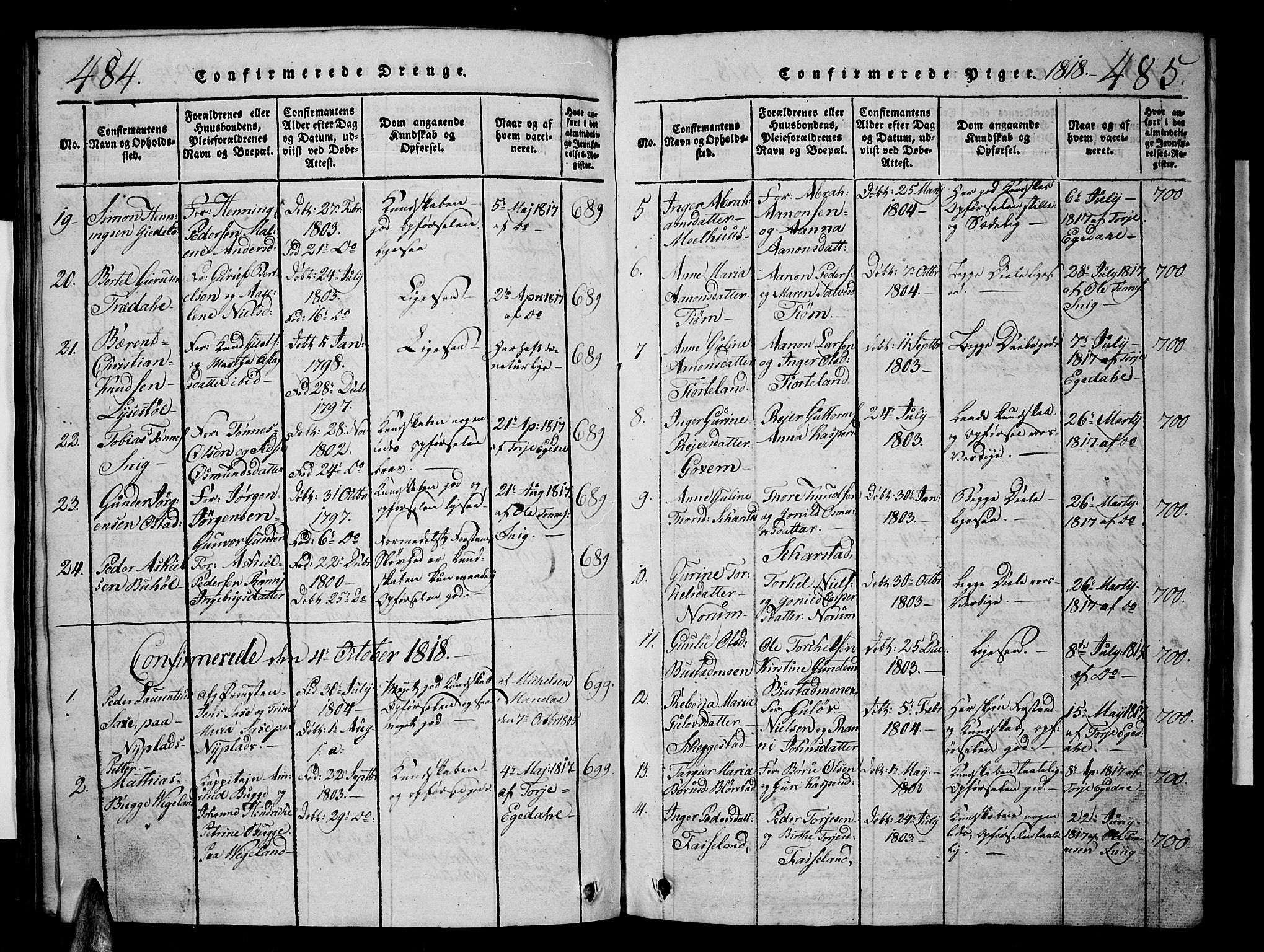 Sør-Audnedal sokneprestkontor, AV/SAK-1111-0039/F/Fb/Fbb/L0001: Parish register (copy) no. B 1, 1815-1827, p. 484-485