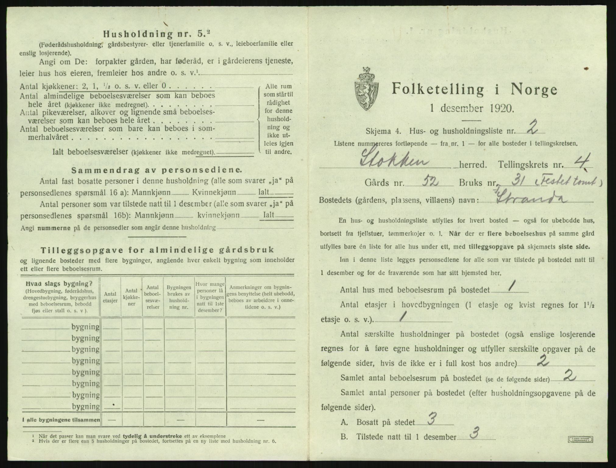 SAK, 1920 census for Stokken, 1920, p. 376