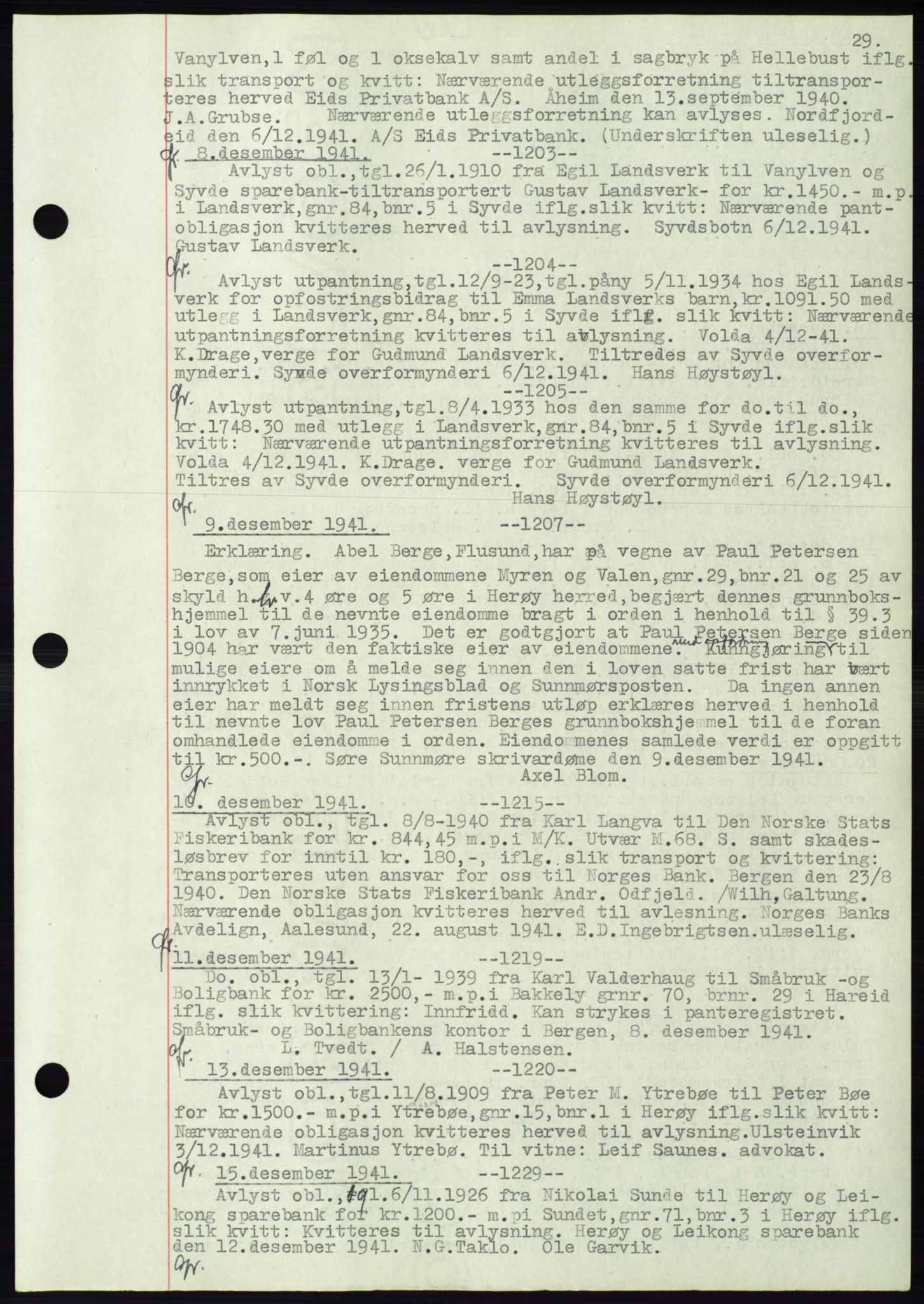 Søre Sunnmøre sorenskriveri, AV/SAT-A-4122/1/2/2C/L0072: Mortgage book no. 66, 1941-1955, Diary no: : 1203/1941