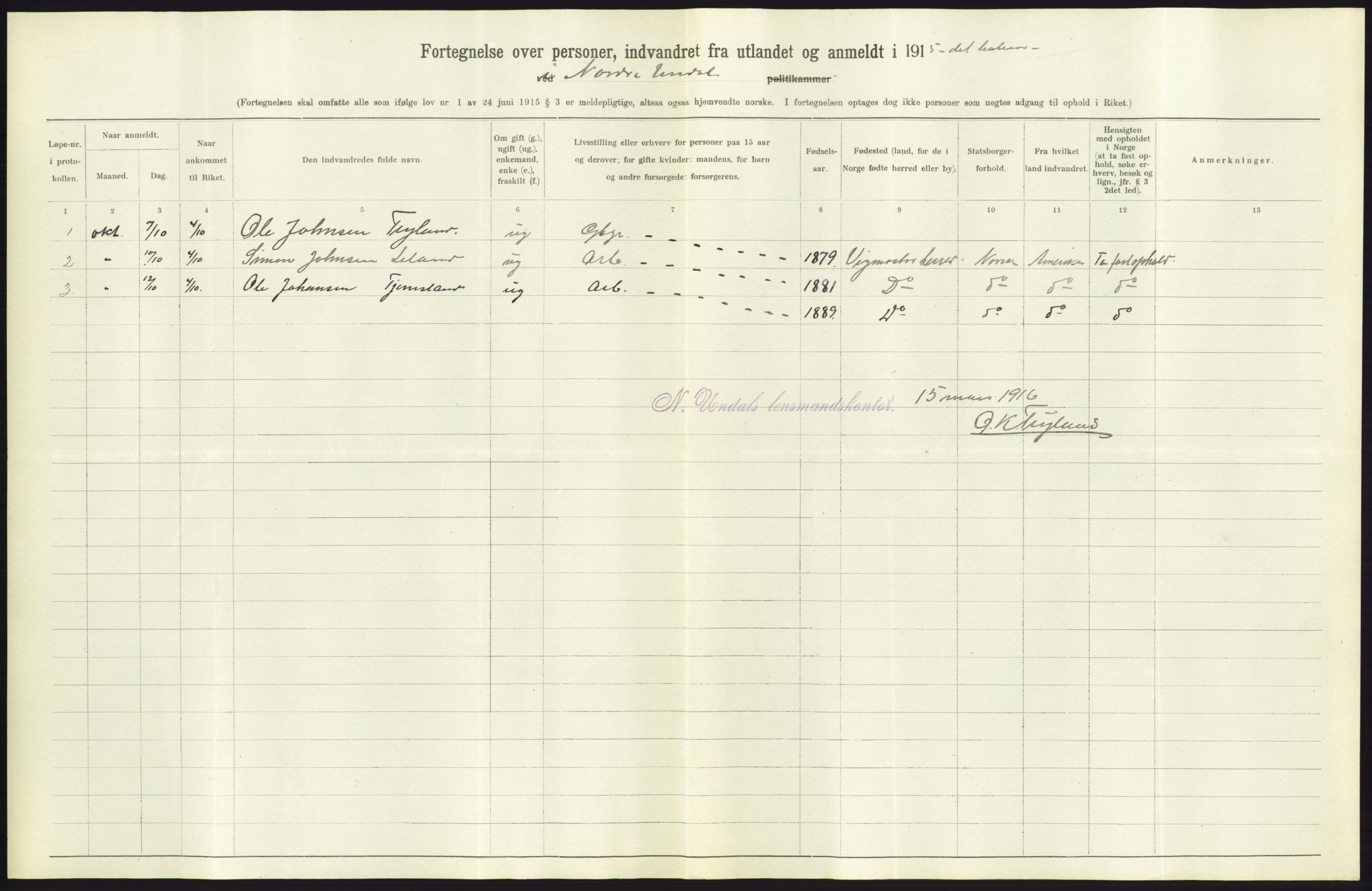 Statistisk sentralbyrå, Sosioøkonomiske emner, Folketellinger, boliger og boforhold, AV/RA-S-2231/F/Fa/L0001: Innvandring. Navn/fylkesvis, 1915, p. 352