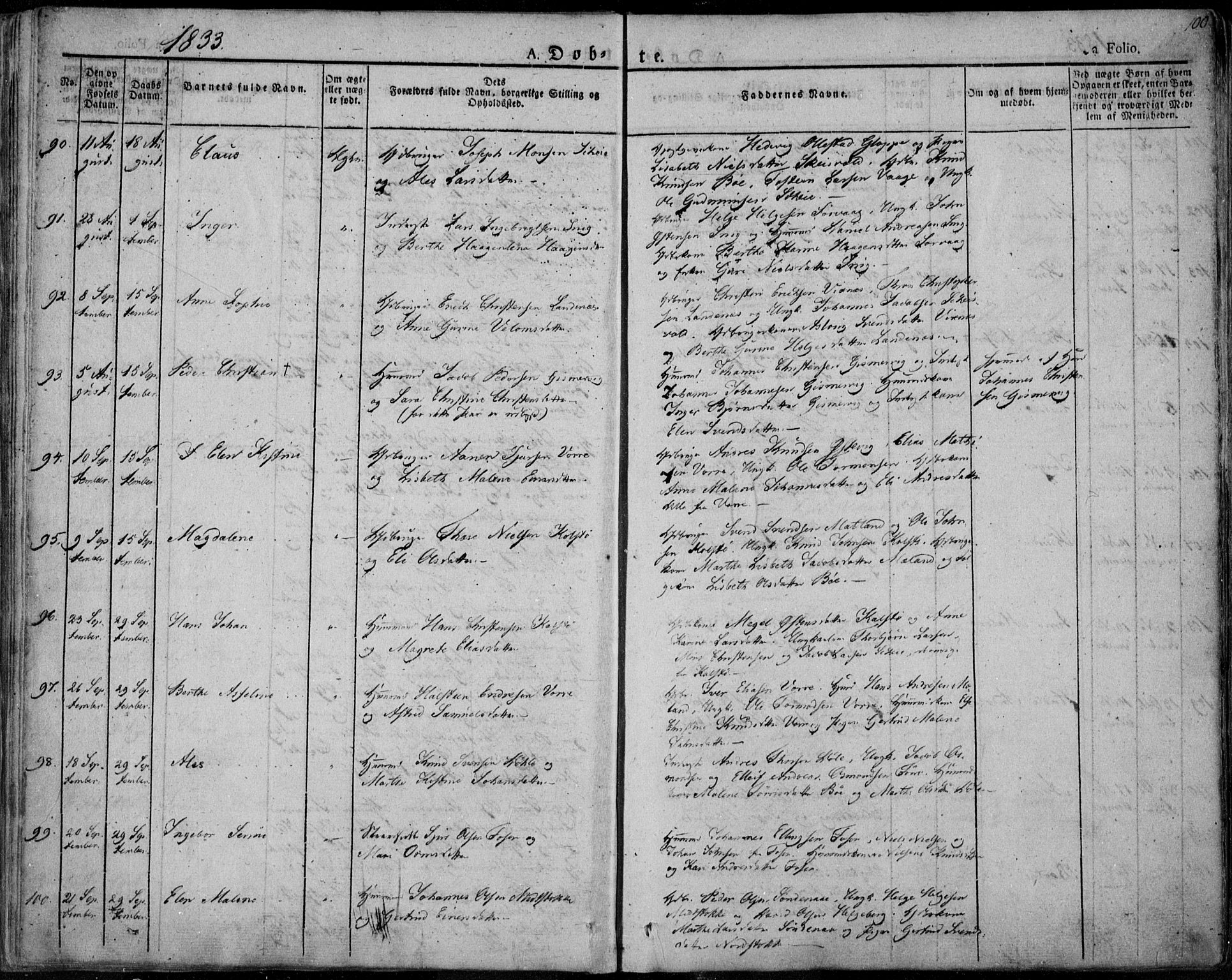 Avaldsnes sokneprestkontor, SAST/A -101851/H/Ha/Haa/L0005: Parish register (official) no. A 5.1, 1825-1841, p. 100