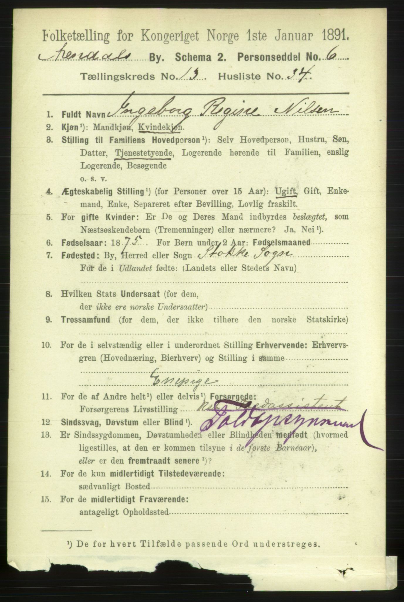 RA, 1891 census for 0903 Arendal, 1891, p. 4767