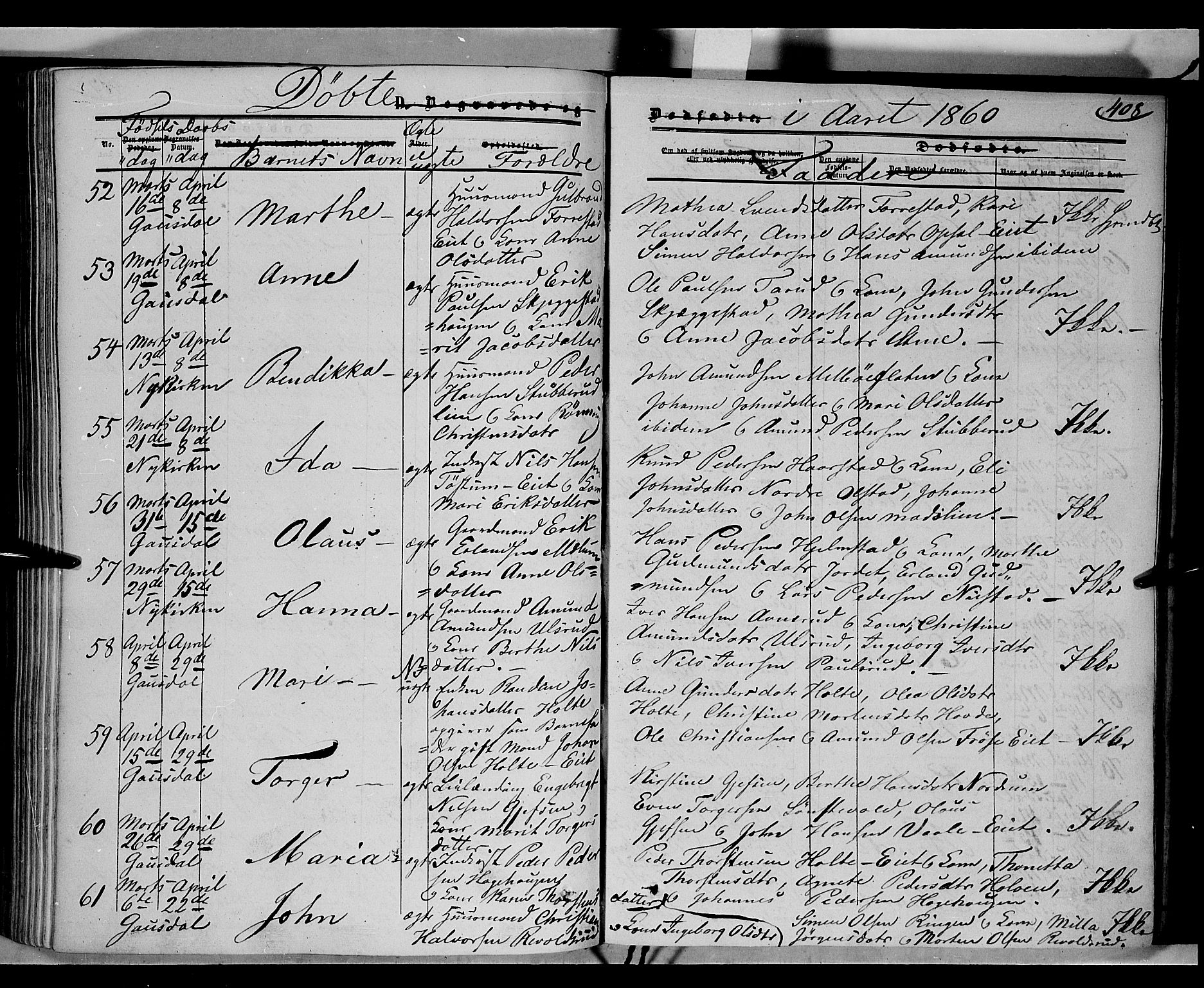 Gausdal prestekontor, SAH/PREST-090/H/Ha/Haa/L0008: Parish register (official) no. 8, 1850-1861, p. 408