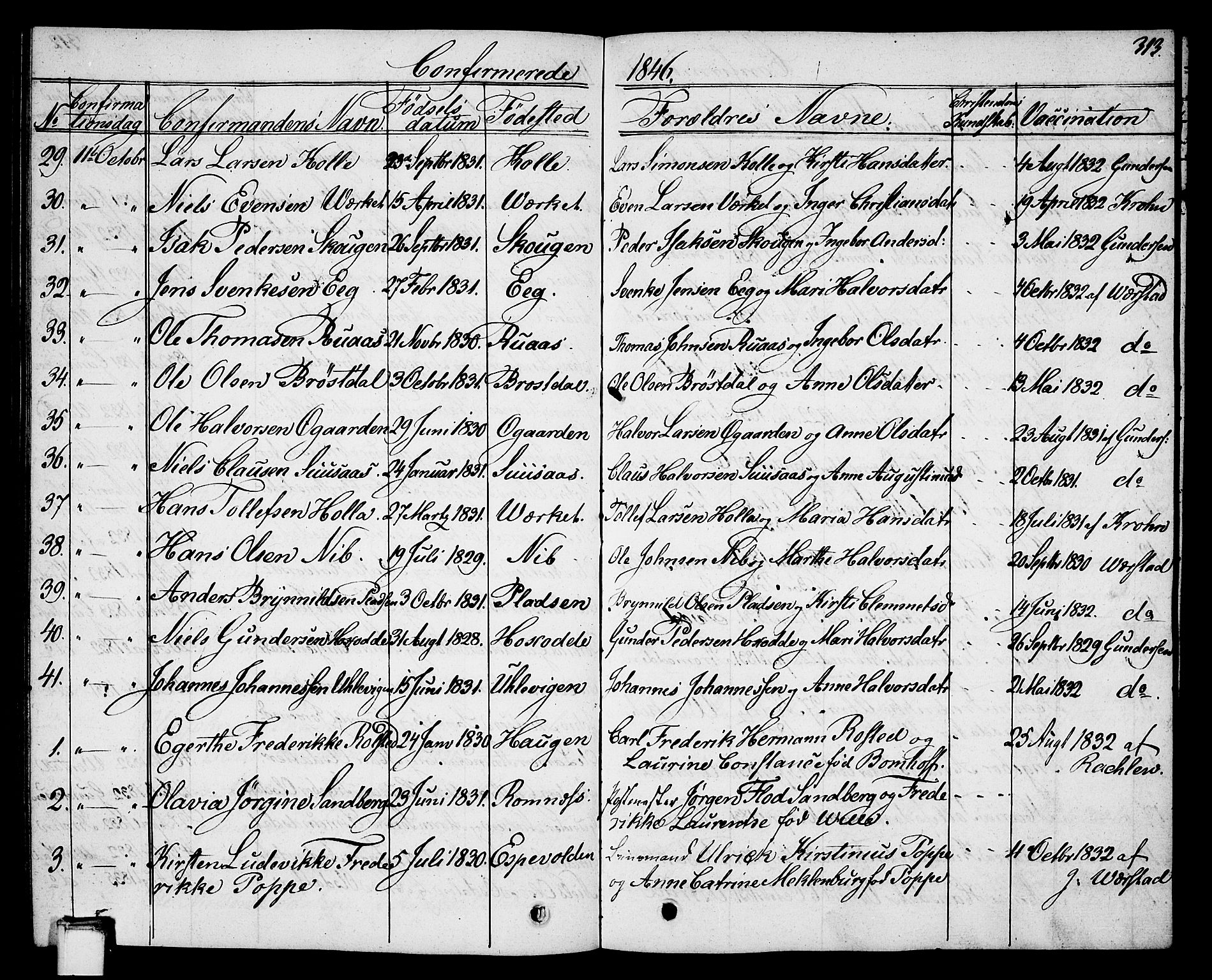 Holla kirkebøker, AV/SAKO-A-272/G/Ga/L0002: Parish register (copy) no. I 2, 1830-1848, p. 313