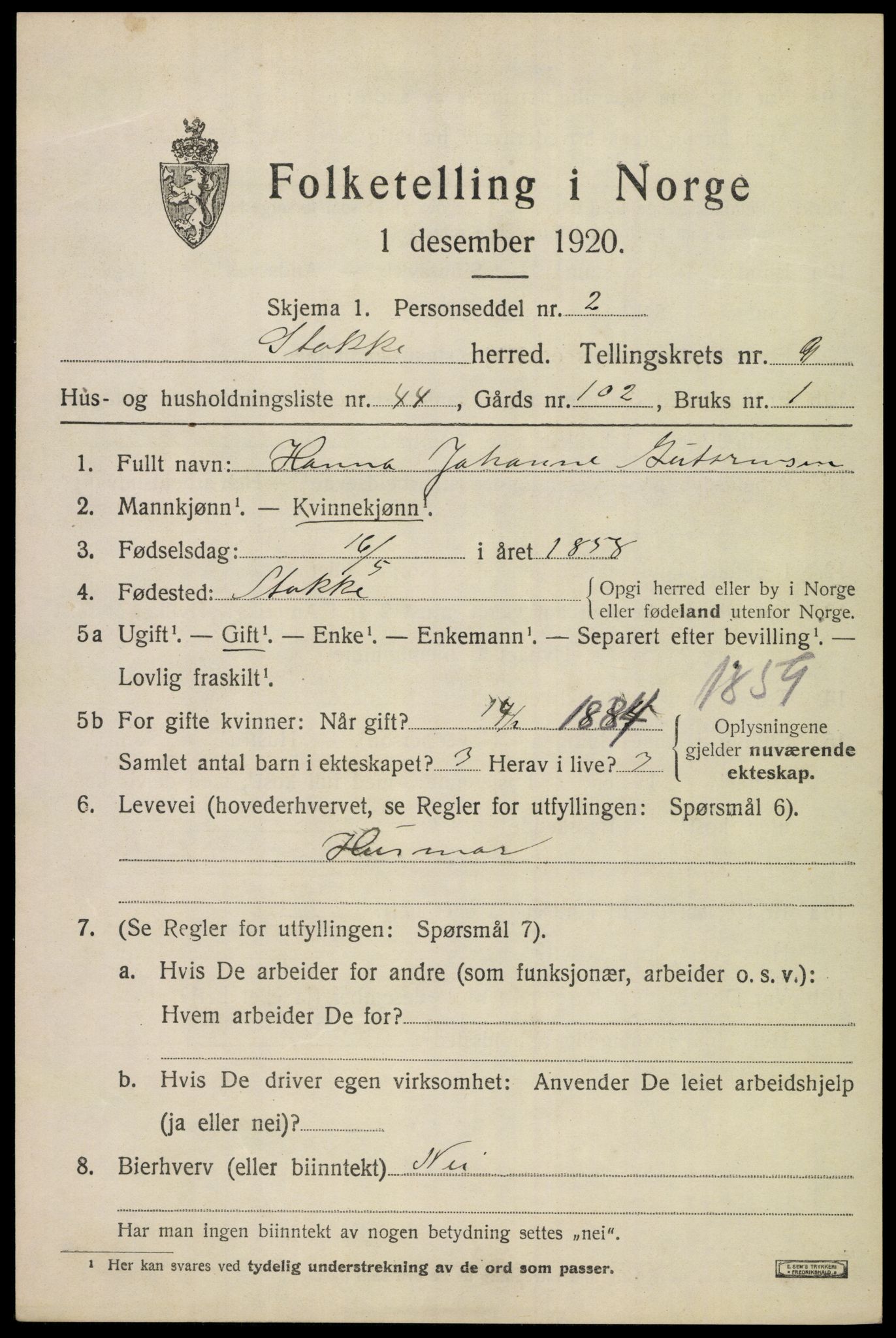 SAKO, 1920 census for Stokke, 1920, p. 10898