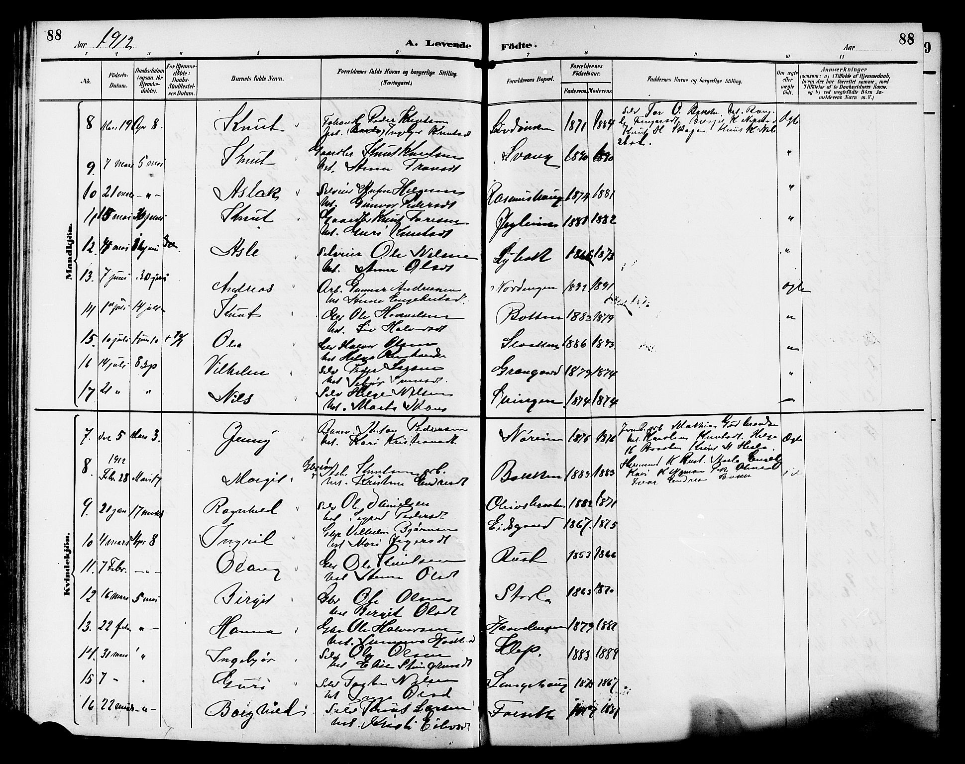 Gol kirkebøker, AV/SAKO-A-226/G/Ga/L0003: Parish register (copy) no. I 3, 1887-1914, p. 88