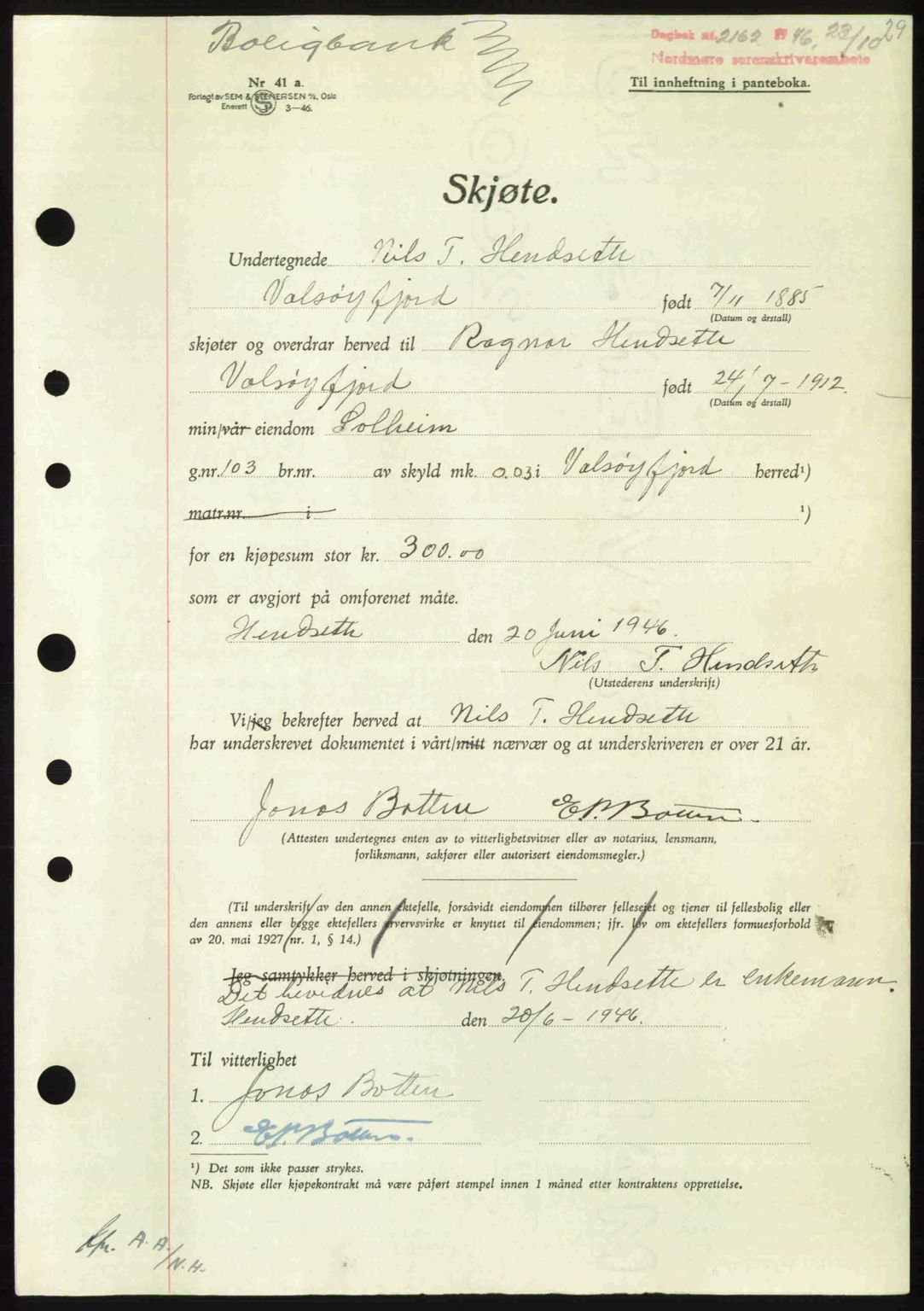 Nordmøre sorenskriveri, AV/SAT-A-4132/1/2/2Ca: Mortgage book no. A103, 1946-1947, Diary no: : 2162/1946