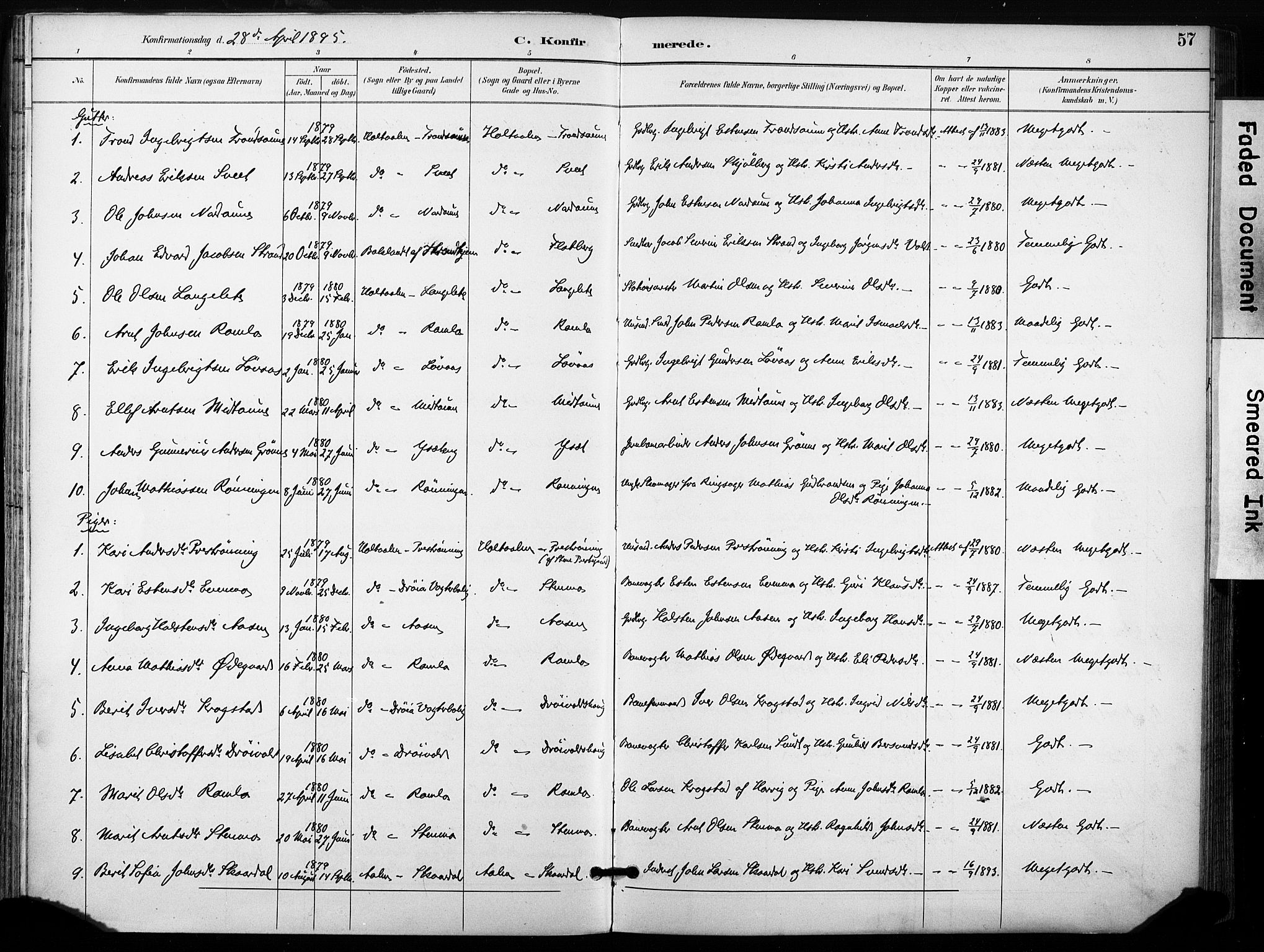 Ministerialprotokoller, klokkerbøker og fødselsregistre - Sør-Trøndelag, AV/SAT-A-1456/685/L0973: Parish register (official) no. 685A10, 1891-1907, p. 57