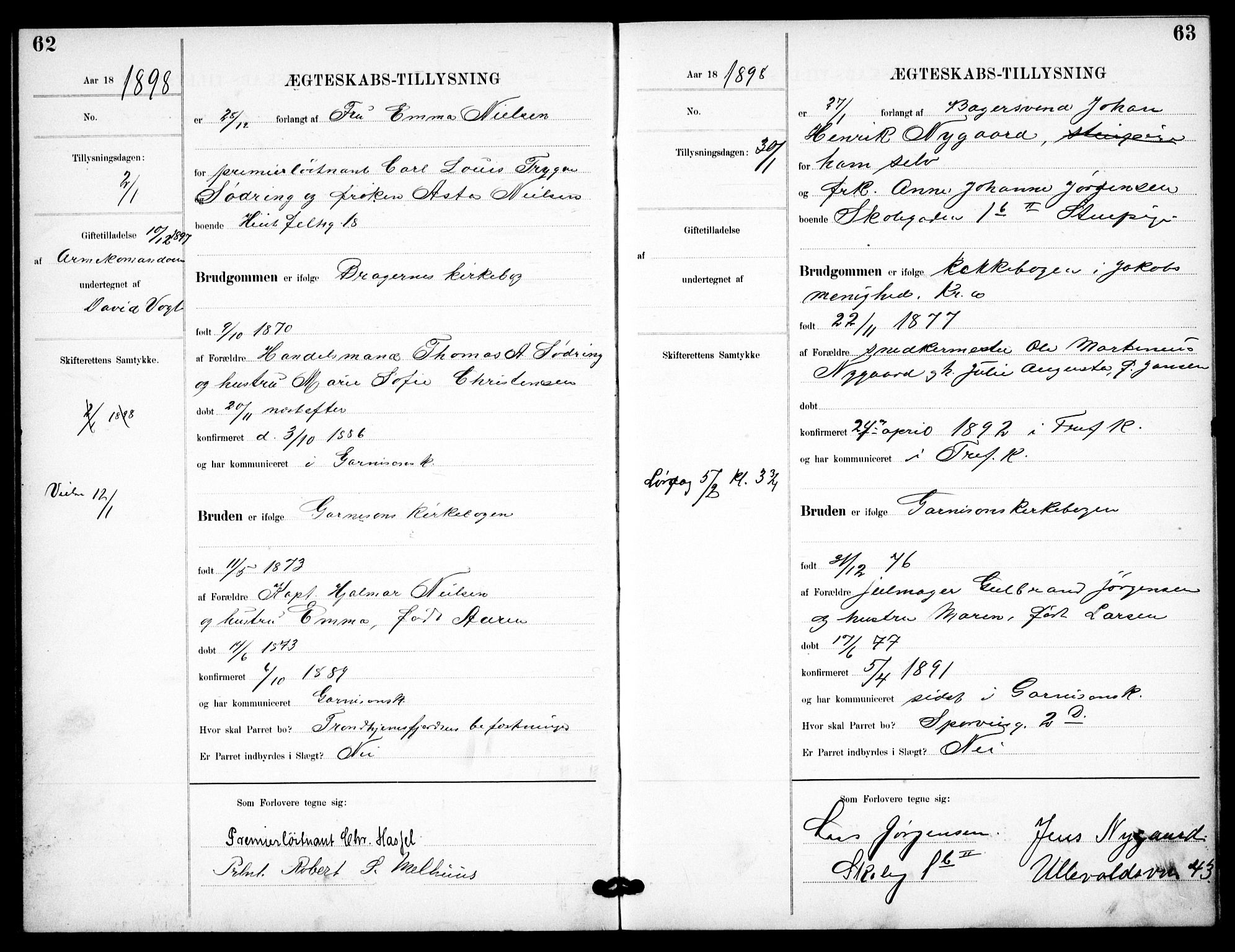 Garnisonsmenigheten Kirkebøker, SAO/A-10846/H/Ha/L0008: Banns register no. I 8, 1894-1908, p. 62-63