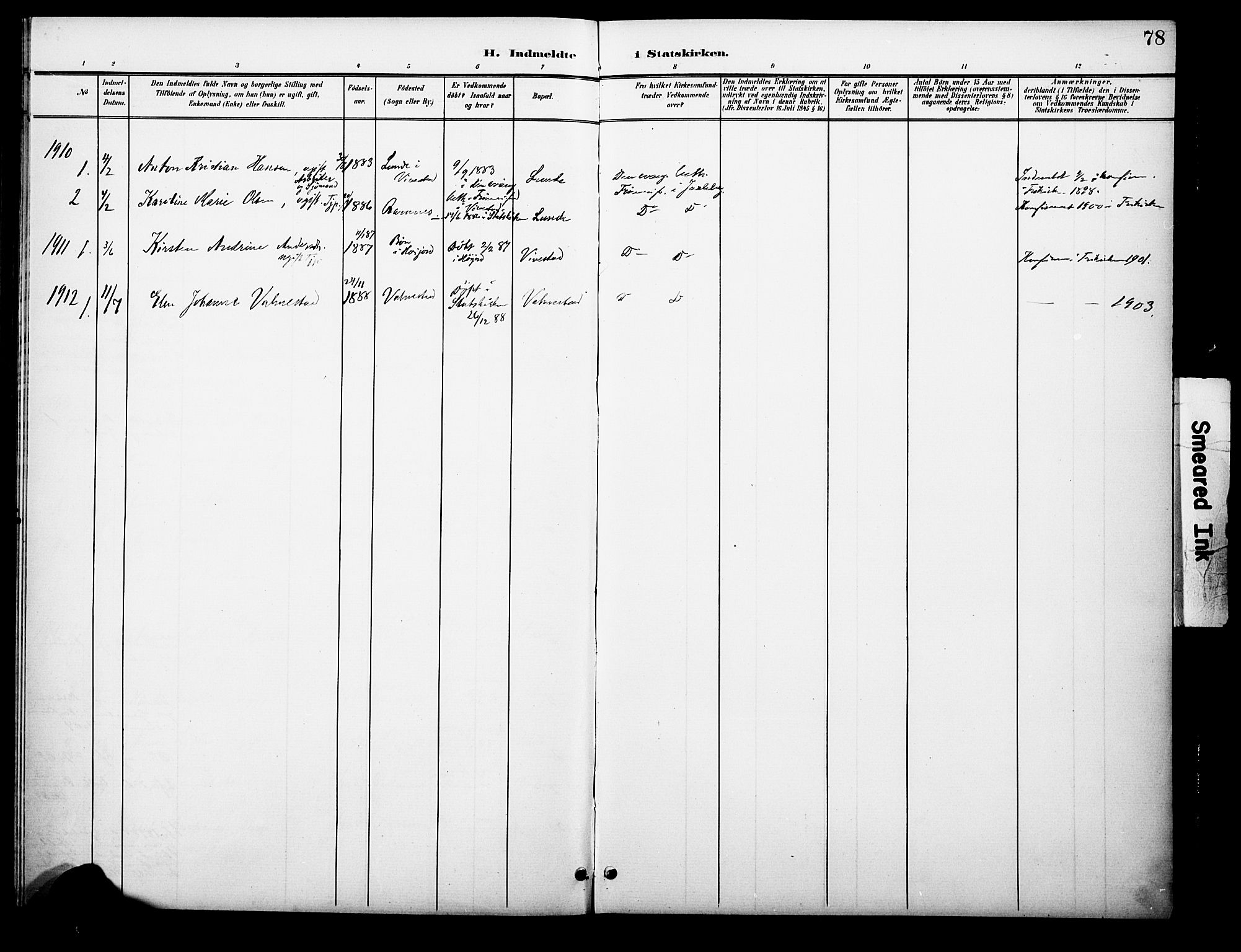 Ramnes kirkebøker, AV/SAKO-A-314/F/Fc/L0002: Parish register (official) no. III 2, 1900-1914, p. 78