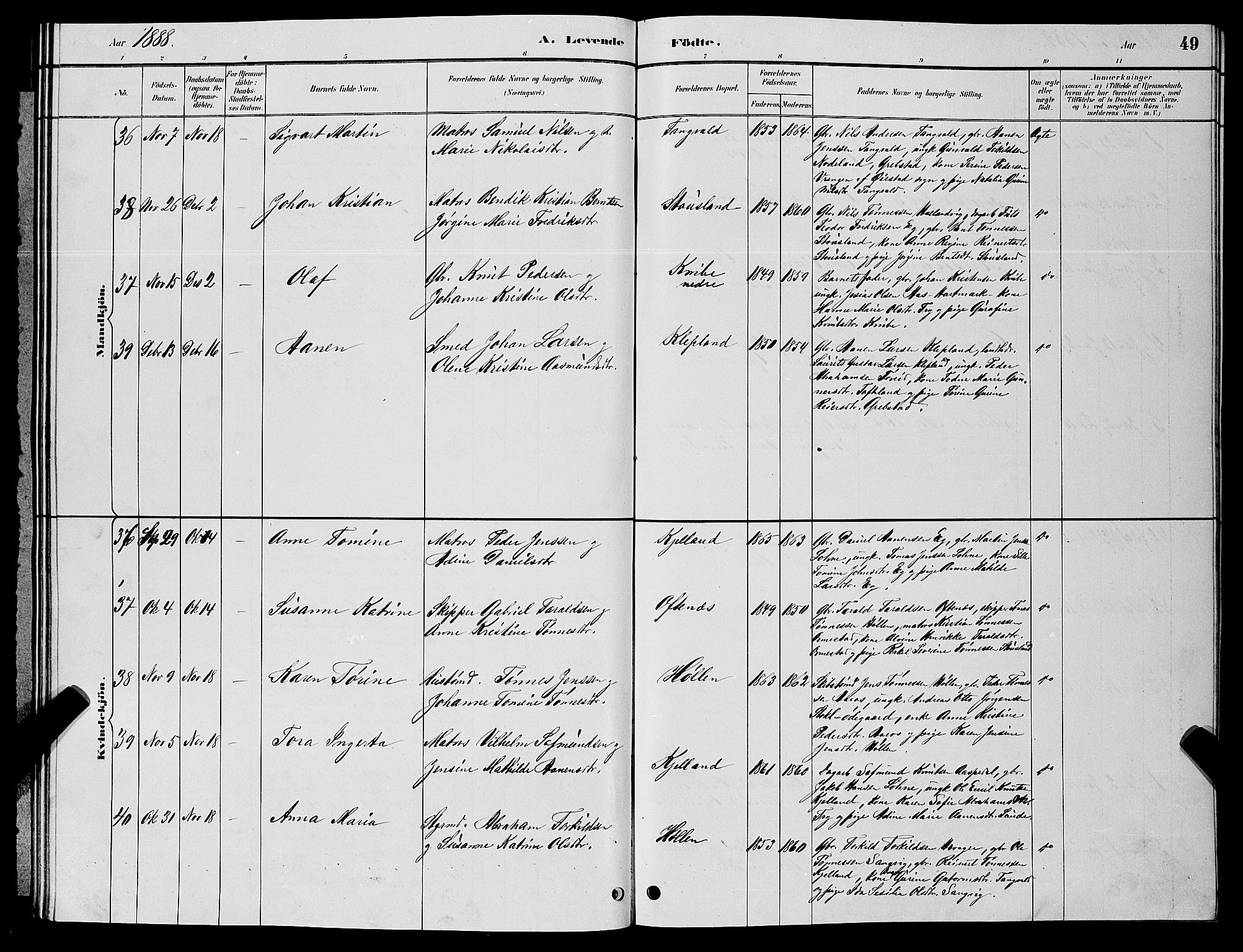Søgne sokneprestkontor, SAK/1111-0037/F/Fb/Fbb/L0005: Parish register (copy) no. B 5, 1884-1891, p. 49