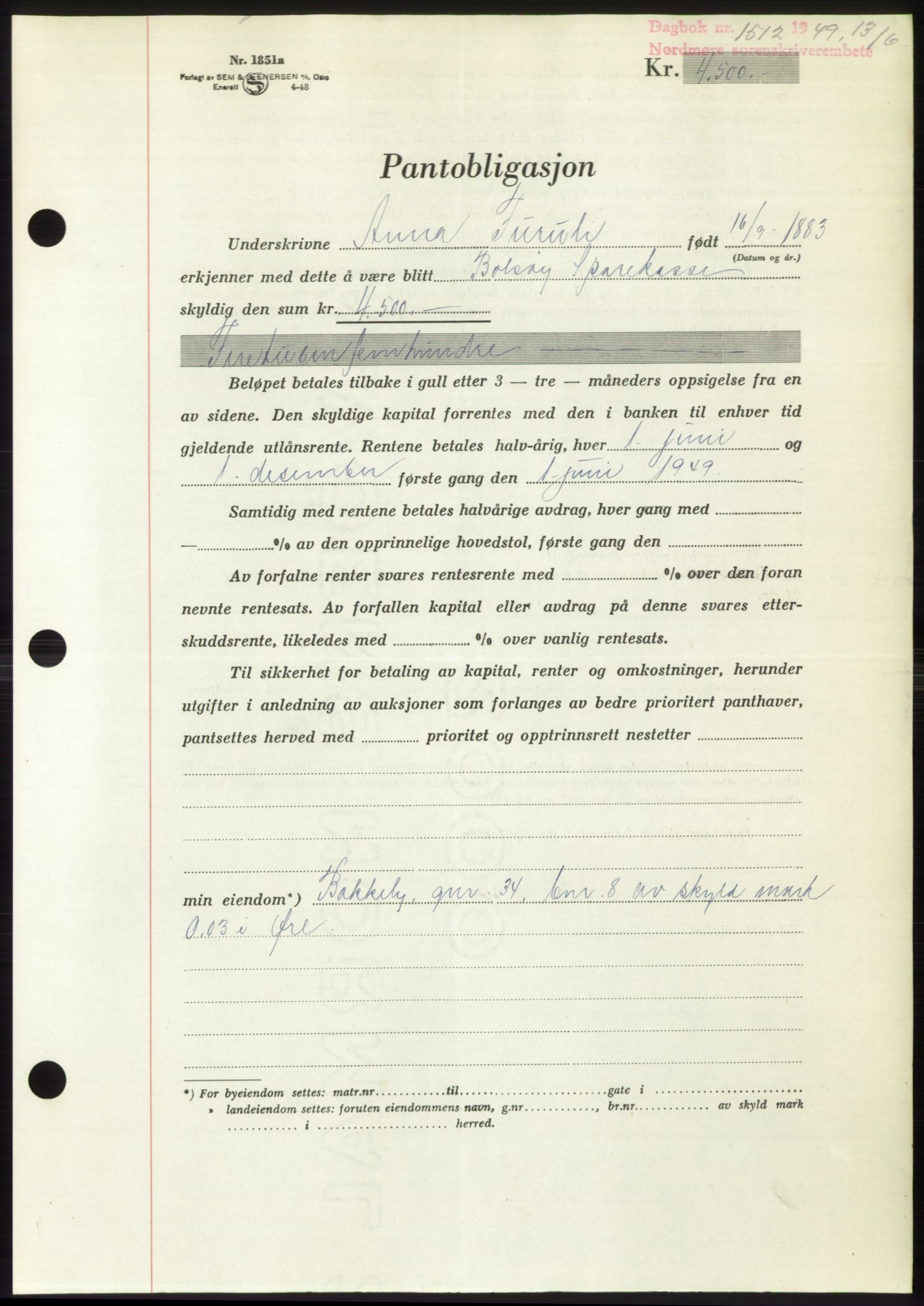 Nordmøre sorenskriveri, AV/SAT-A-4132/1/2/2Ca: Mortgage book no. B101, 1949-1949, Diary no: : 1512/1949