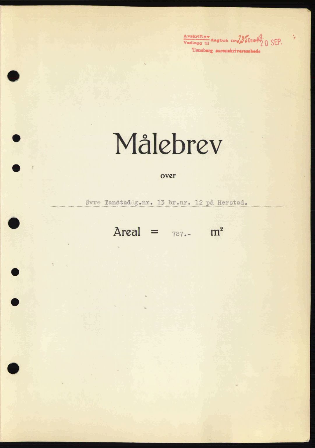 Tønsberg sorenskriveri, AV/SAKO-A-130/G/Ga/Gaa/L0014: Mortgage book no. A14, 1943-1944, Diary no: : 2350/1943