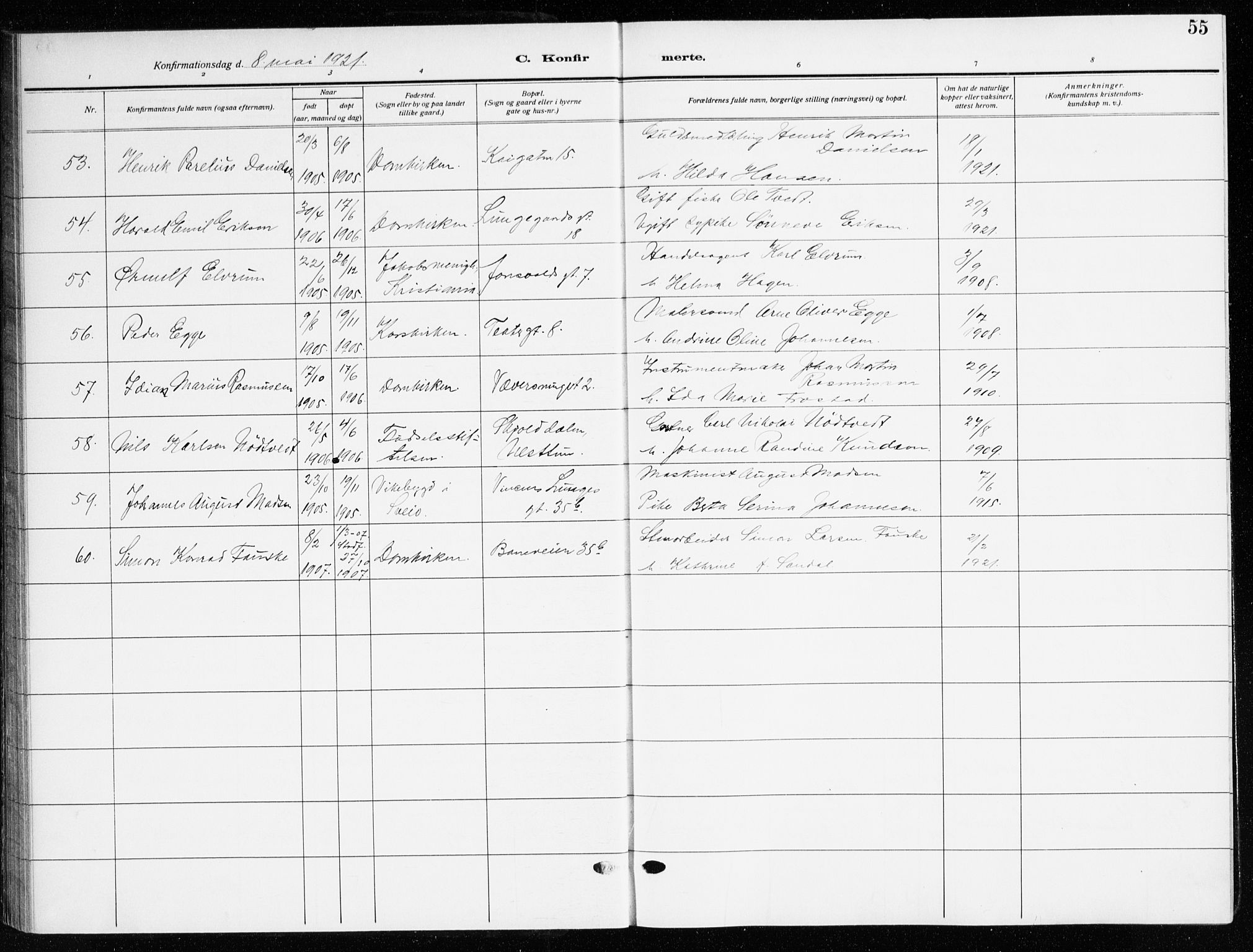 Domkirken sokneprestembete, AV/SAB-A-74801/H/Haa/L0032: Parish register (official) no. C 7, 1915-1930, p. 55