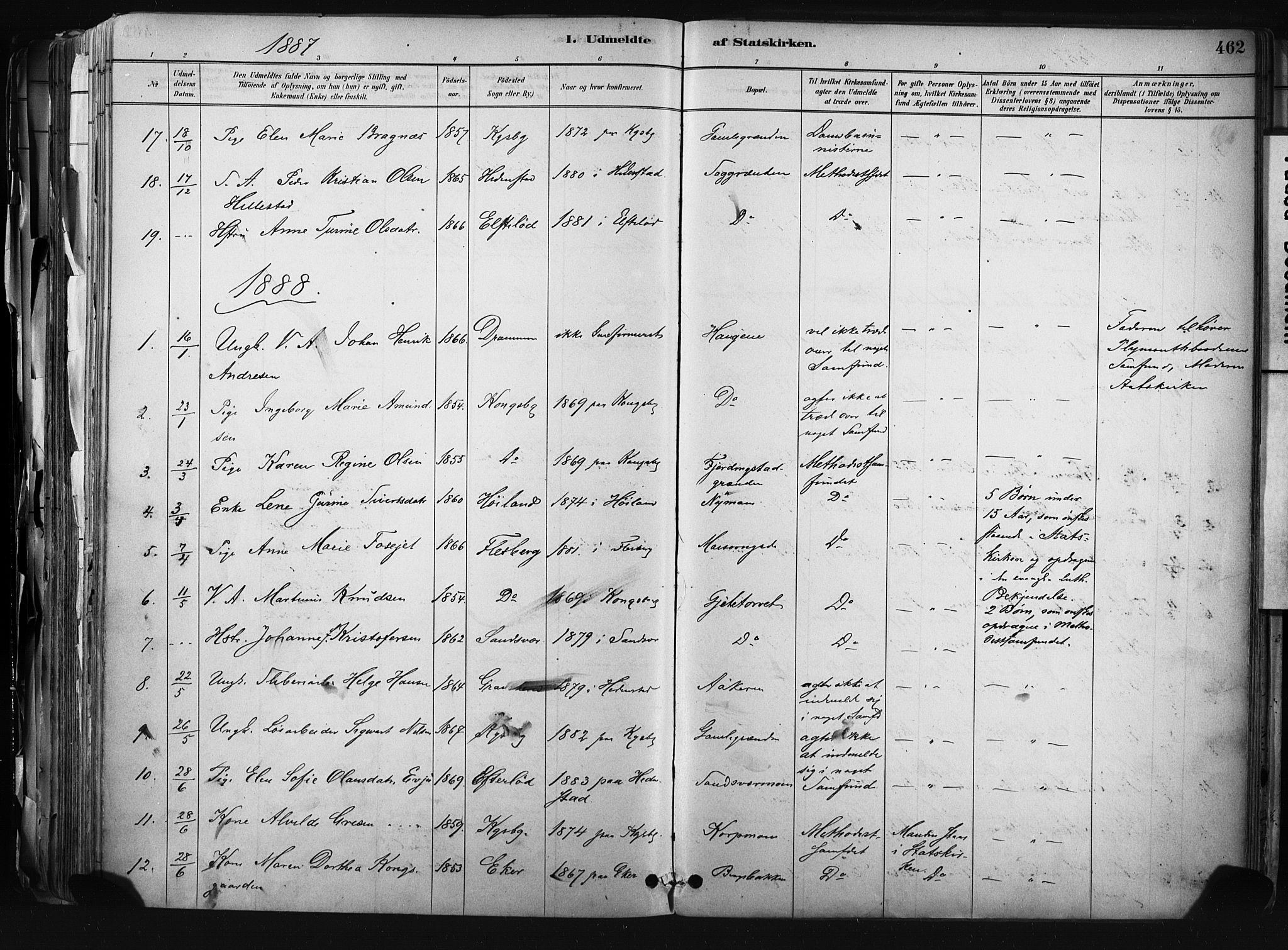 Kongsberg kirkebøker, AV/SAKO-A-22/F/Fb/L0002: Parish register (official) no. II 2, 1886-1896, p. 462