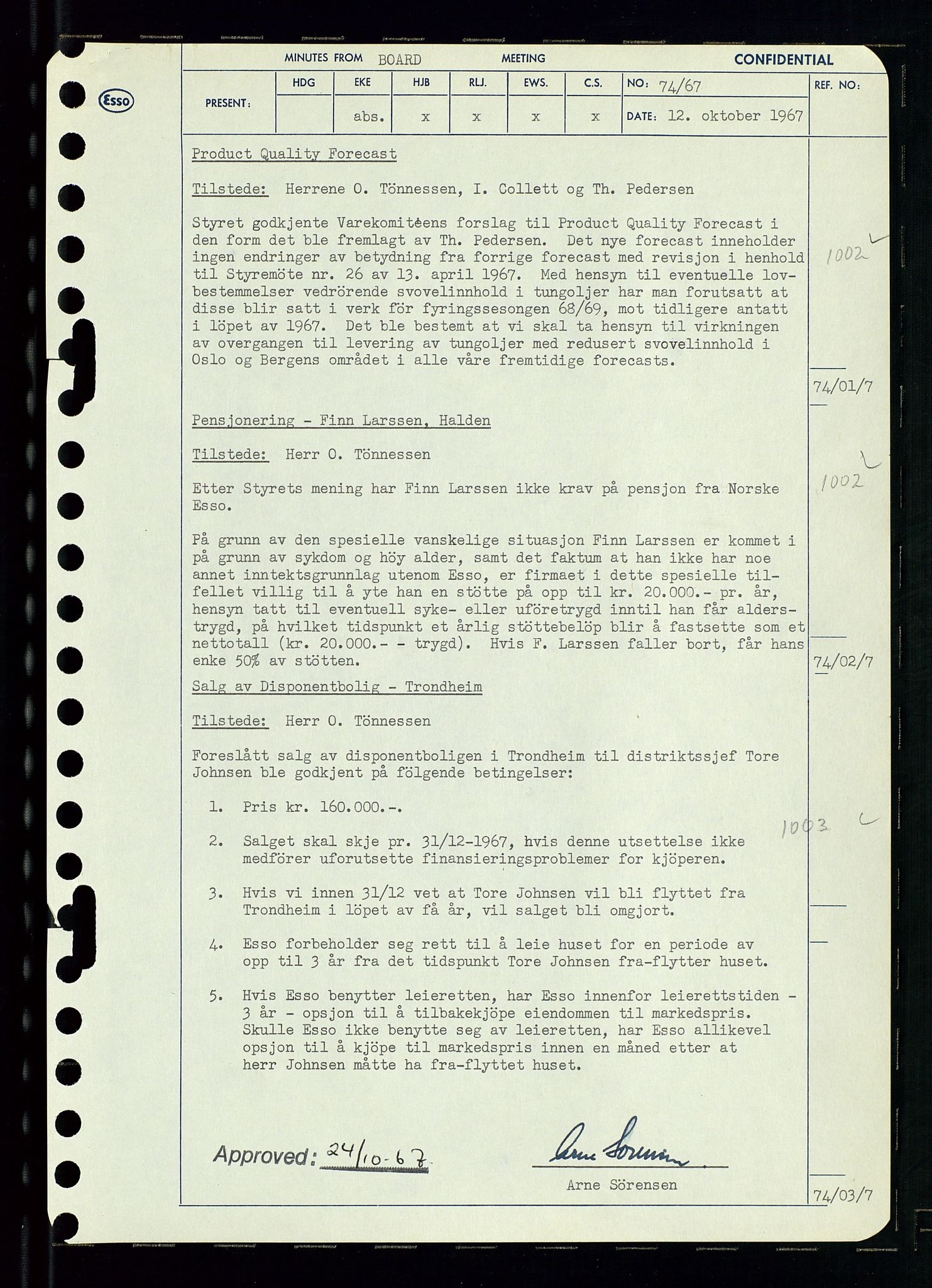 Pa 0982 - Esso Norge A/S, AV/SAST-A-100448/A/Aa/L0002/0003: Den administrerende direksjon Board minutes (styrereferater) / Den administrerende direksjon Board minutes (styrereferater), 1967, p. 151