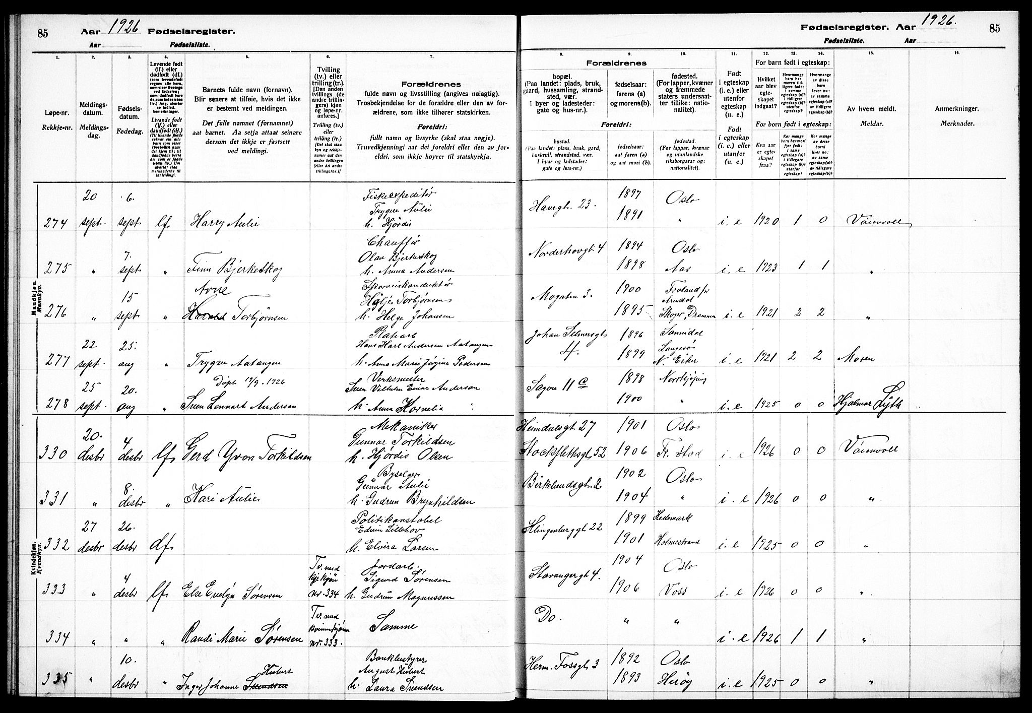 Sagene prestekontor Kirkebøker, SAO/A-10796/J/L0004: Birth register no. 4, 1925-1928, p. 85