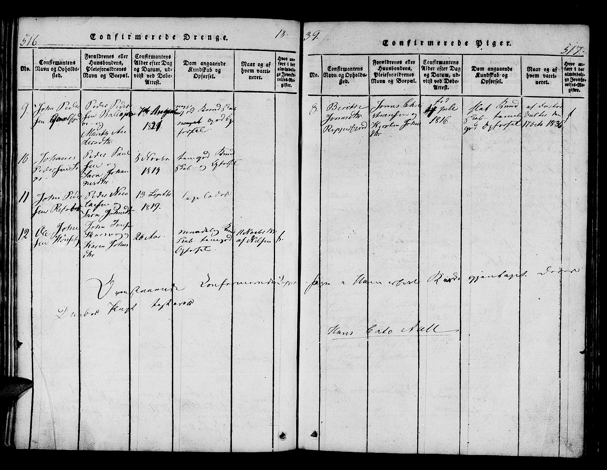 Hammerfest sokneprestkontor, AV/SATØ-S-1347/H/Ha/L0003.kirke: Parish register (official) no. 3, 1821-1842, p. 516-517