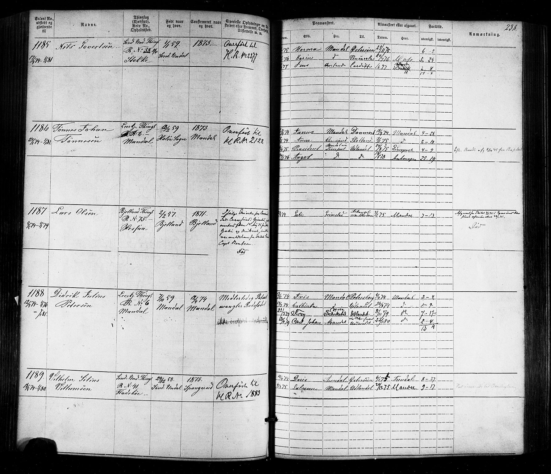 Mandal mønstringskrets, AV/SAK-2031-0016/F/Fa/L0005: Annotasjonsrulle nr 1-1909 med register, Y-15, 1868-1880, p. 278