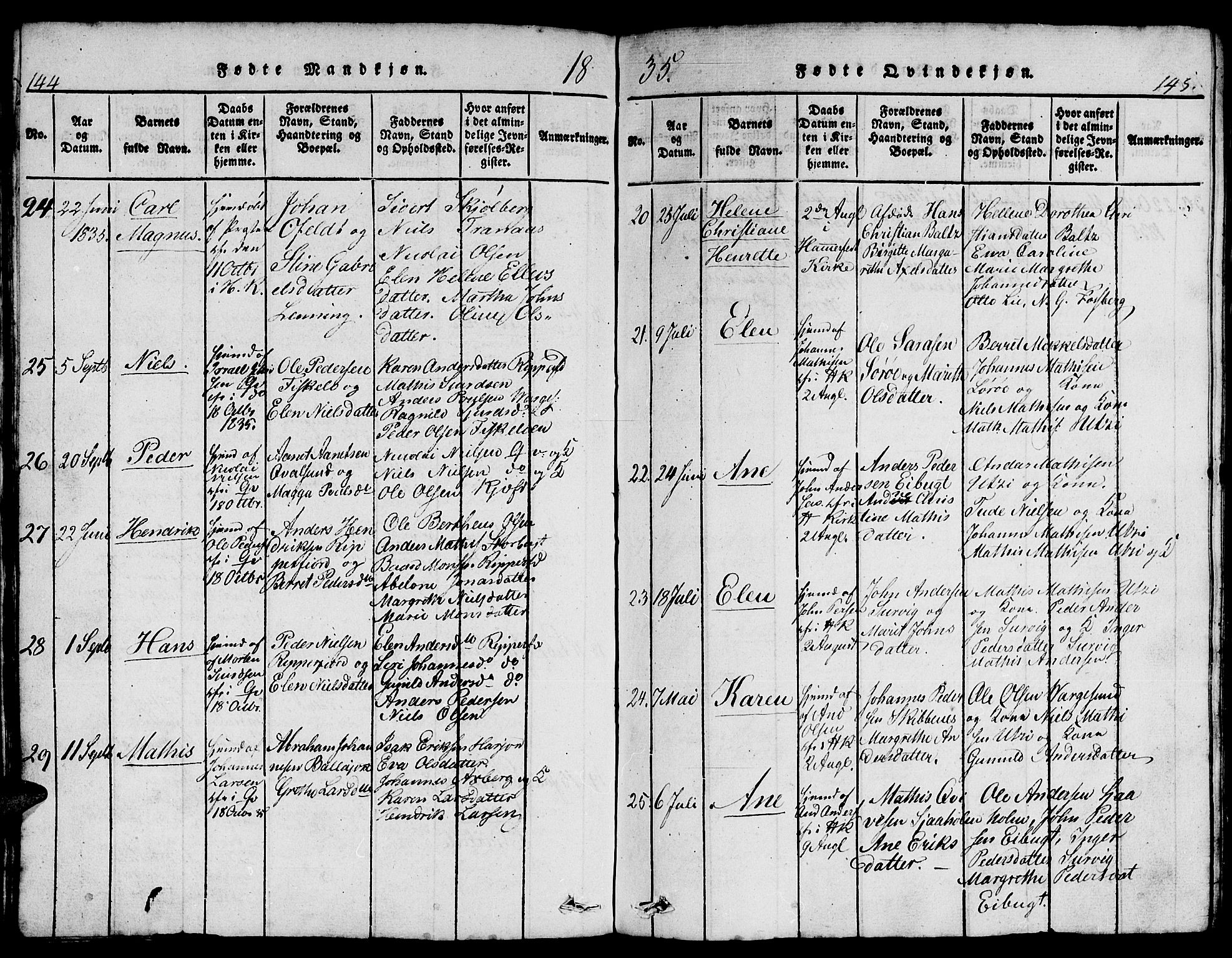 Hammerfest sokneprestkontor, AV/SATØ-S-1347/H/Hb/L0001.klokk: Parish register (copy) no. 1, 1822-1850, p. 144-145