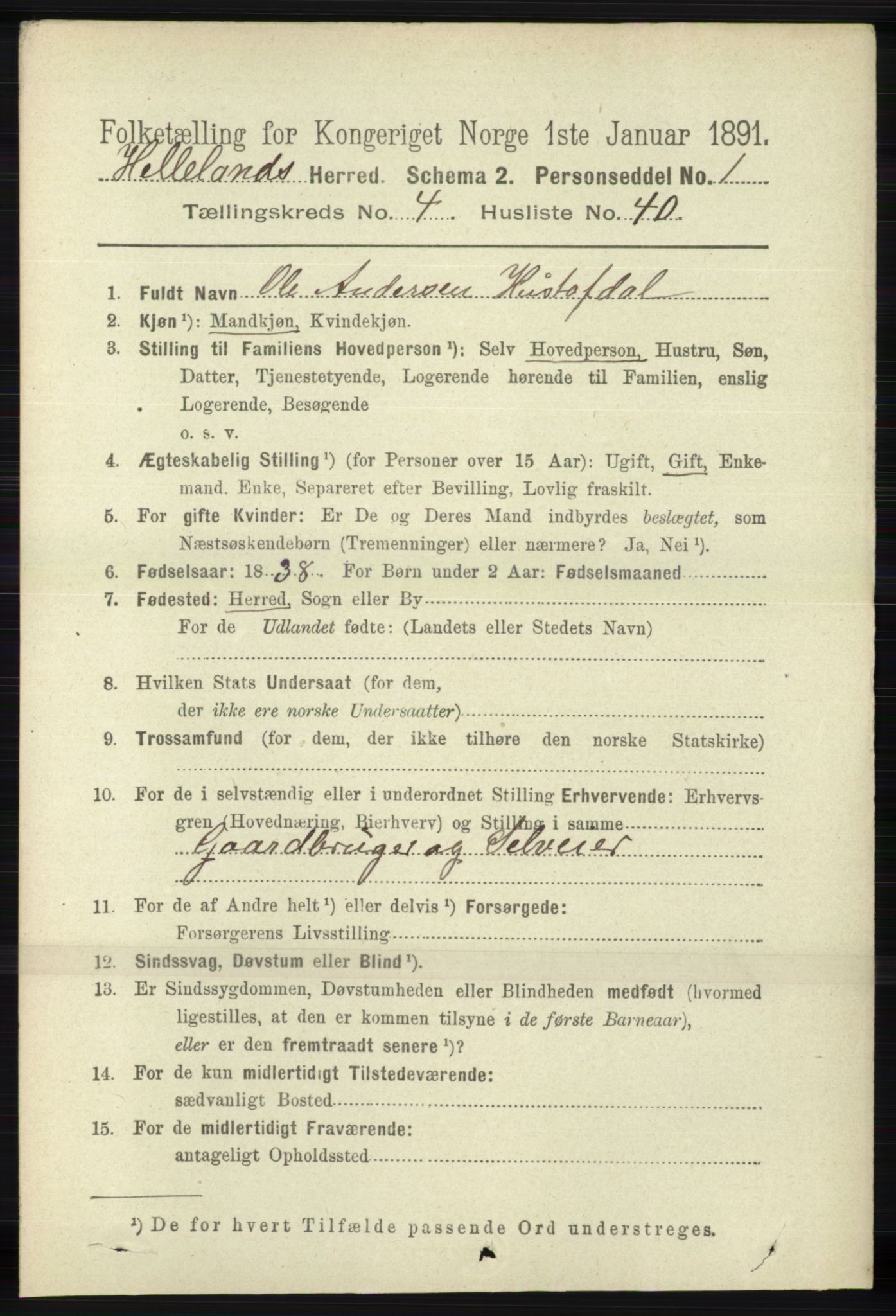 RA, 1891 census for 1115 Helleland, 1891, p. 1414