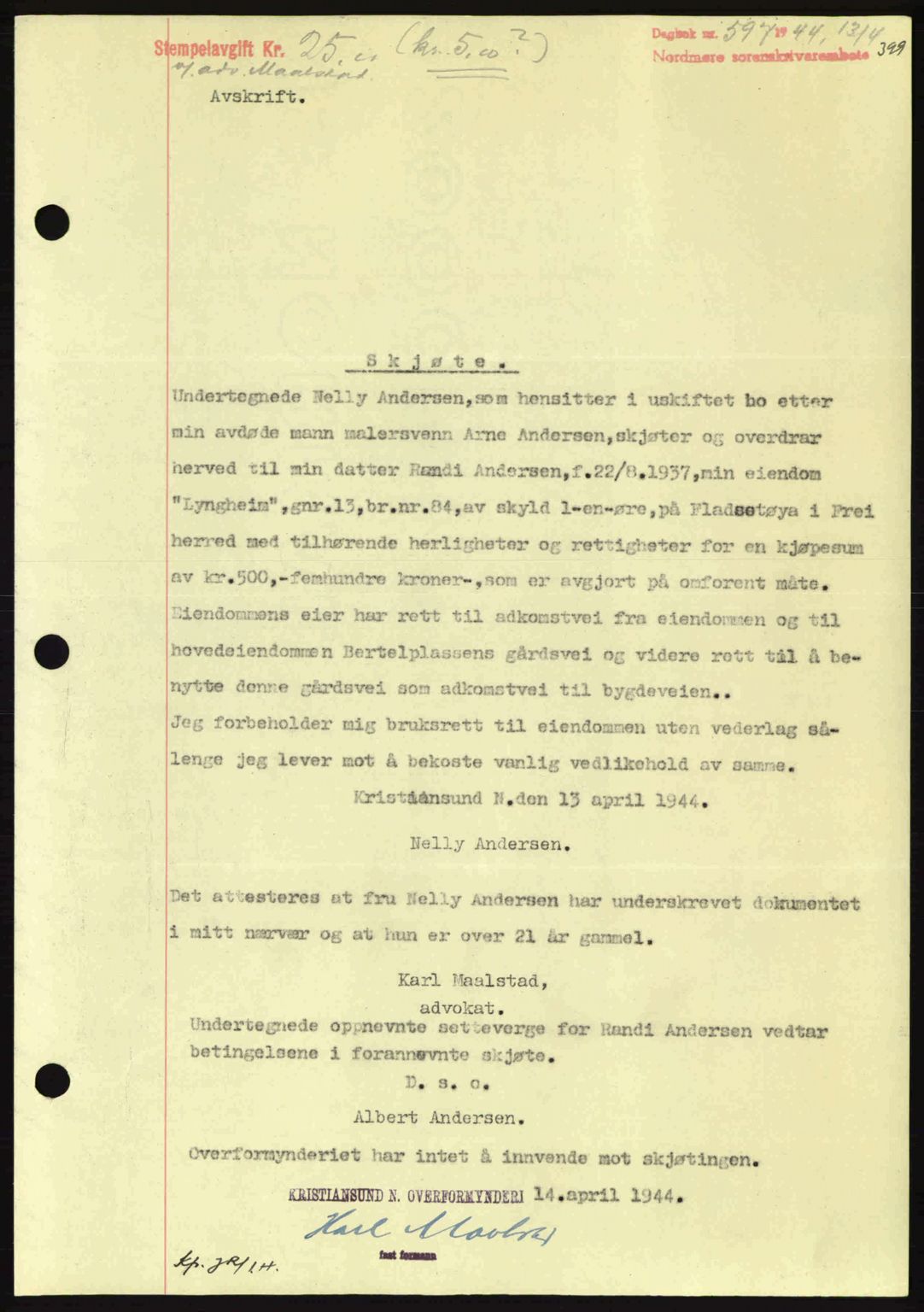 Nordmøre sorenskriveri, AV/SAT-A-4132/1/2/2Ca: Mortgage book no. A97, 1944-1944, Diary no: : 597/1944