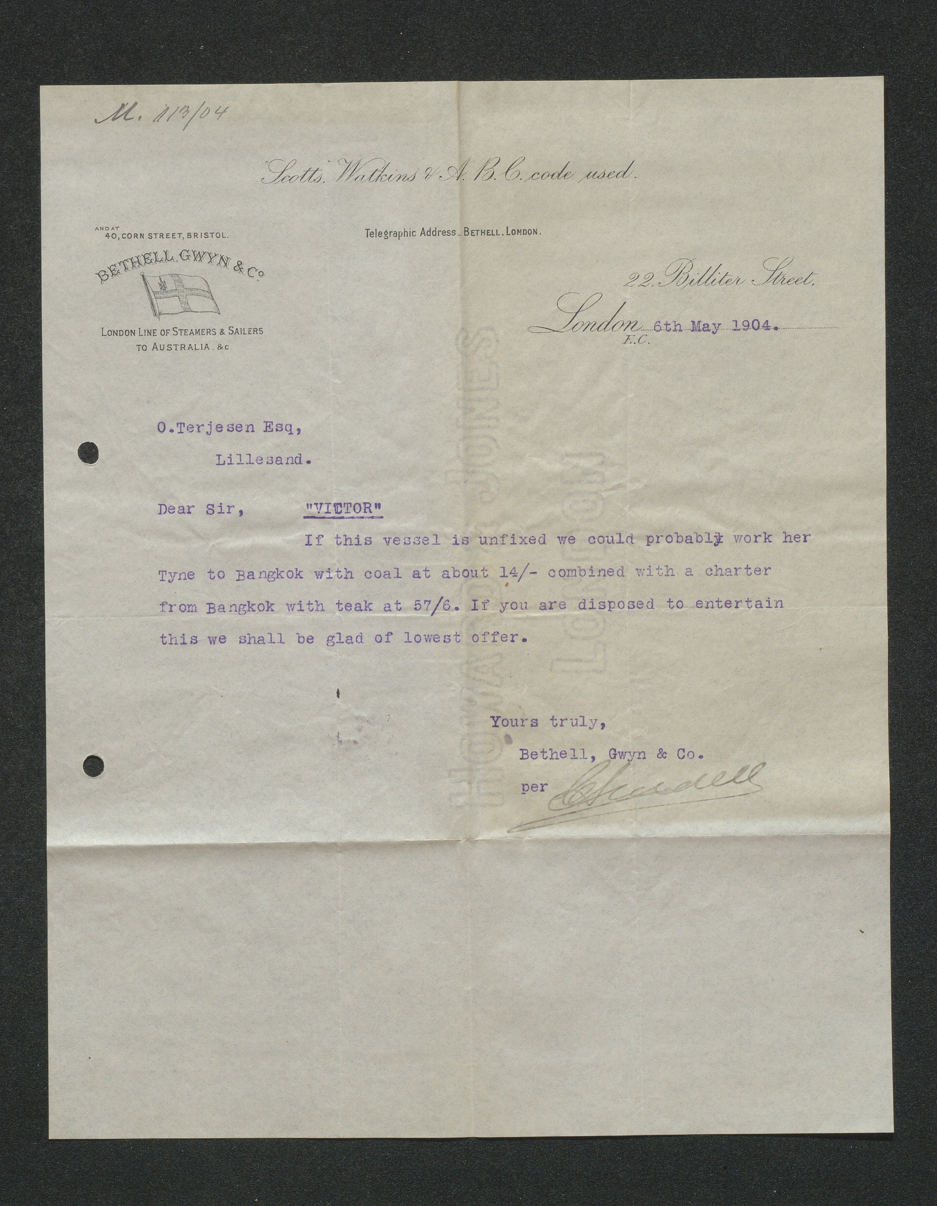 O. Terjesens rederi, AAKS/PA-2525/E/E01/L0013: Korrespondanse, 1904-1905