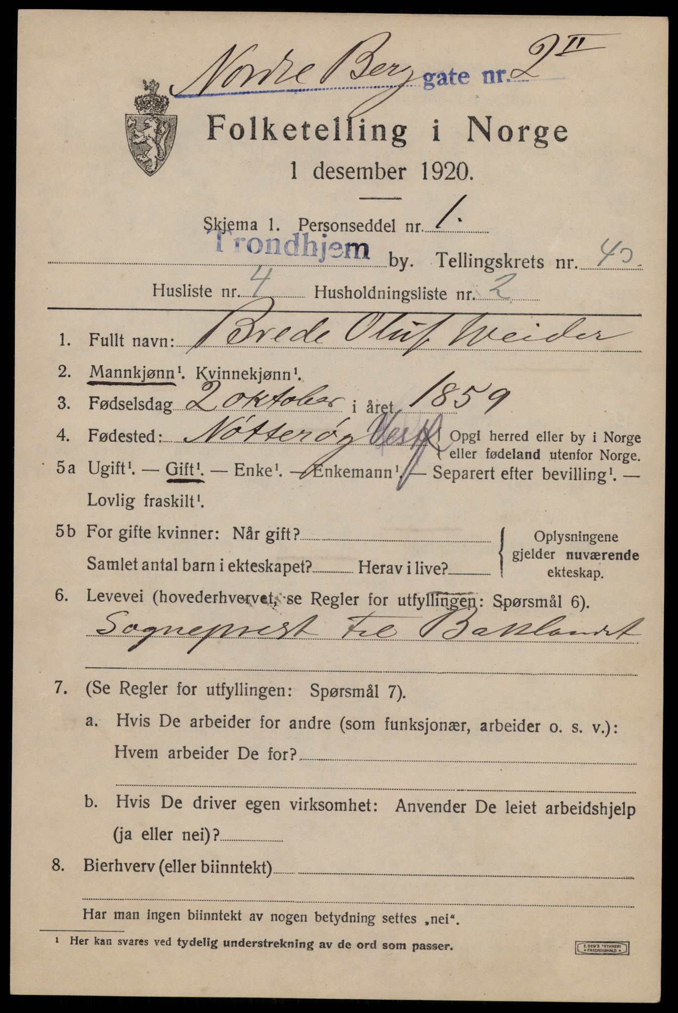 SAT, 1920 census for Trondheim, 1920, p. 93668