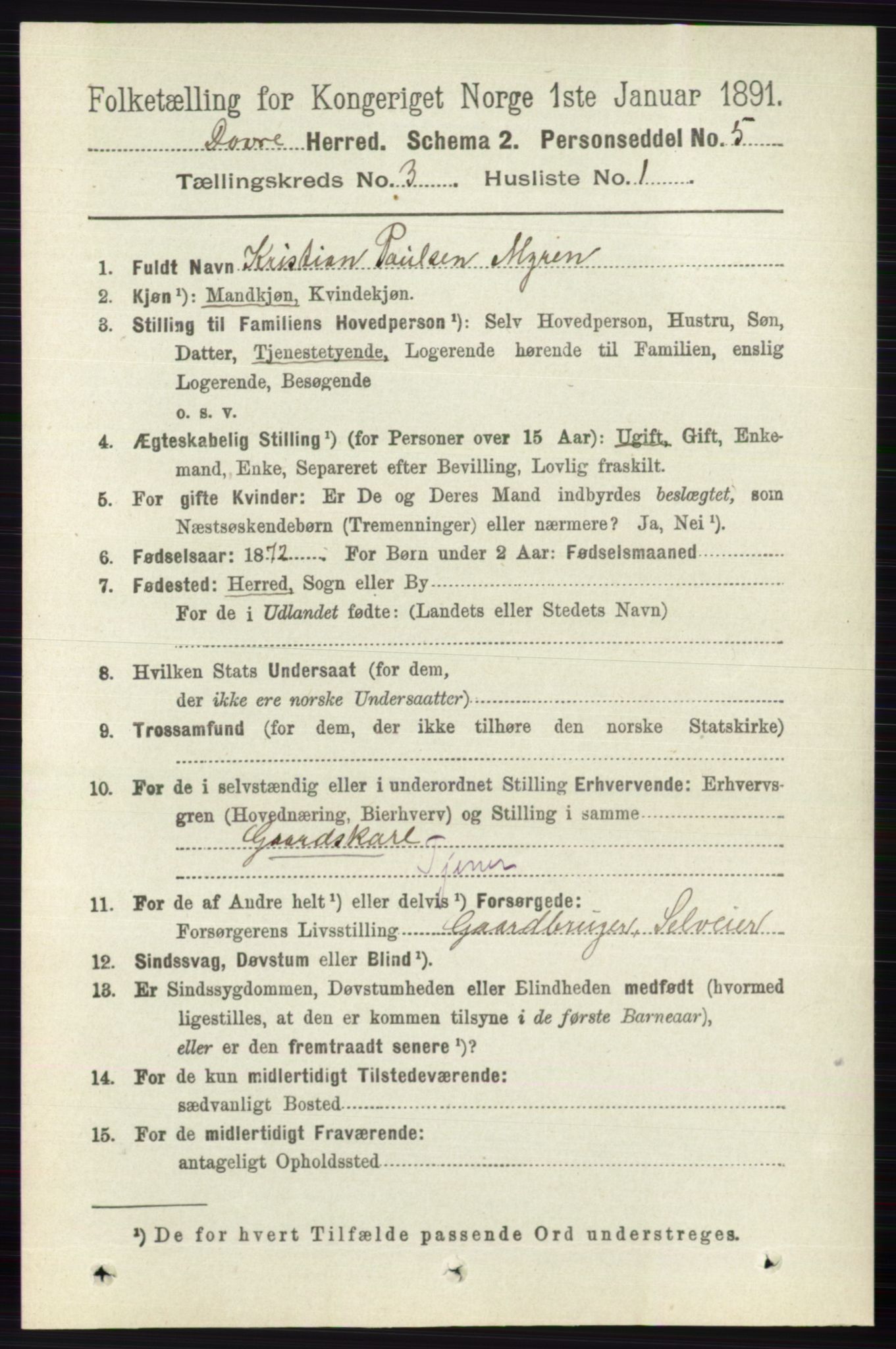 RA, 1891 census for 0511 Dovre, 1891, p. 1400