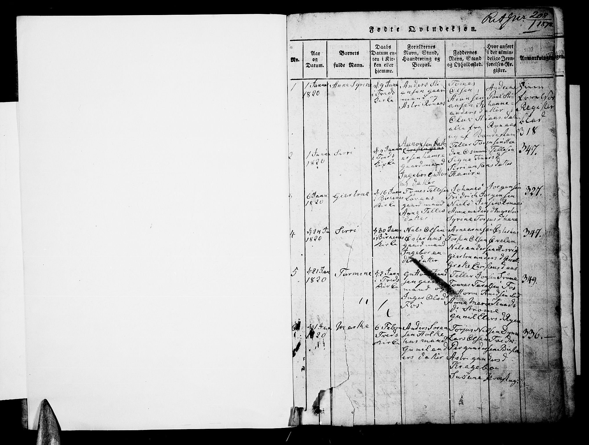 Tveit sokneprestkontor, SAK/1111-0043/F/Fb/L0001: Parish register (copy) no. B 1, 1820-1834, p. 1
