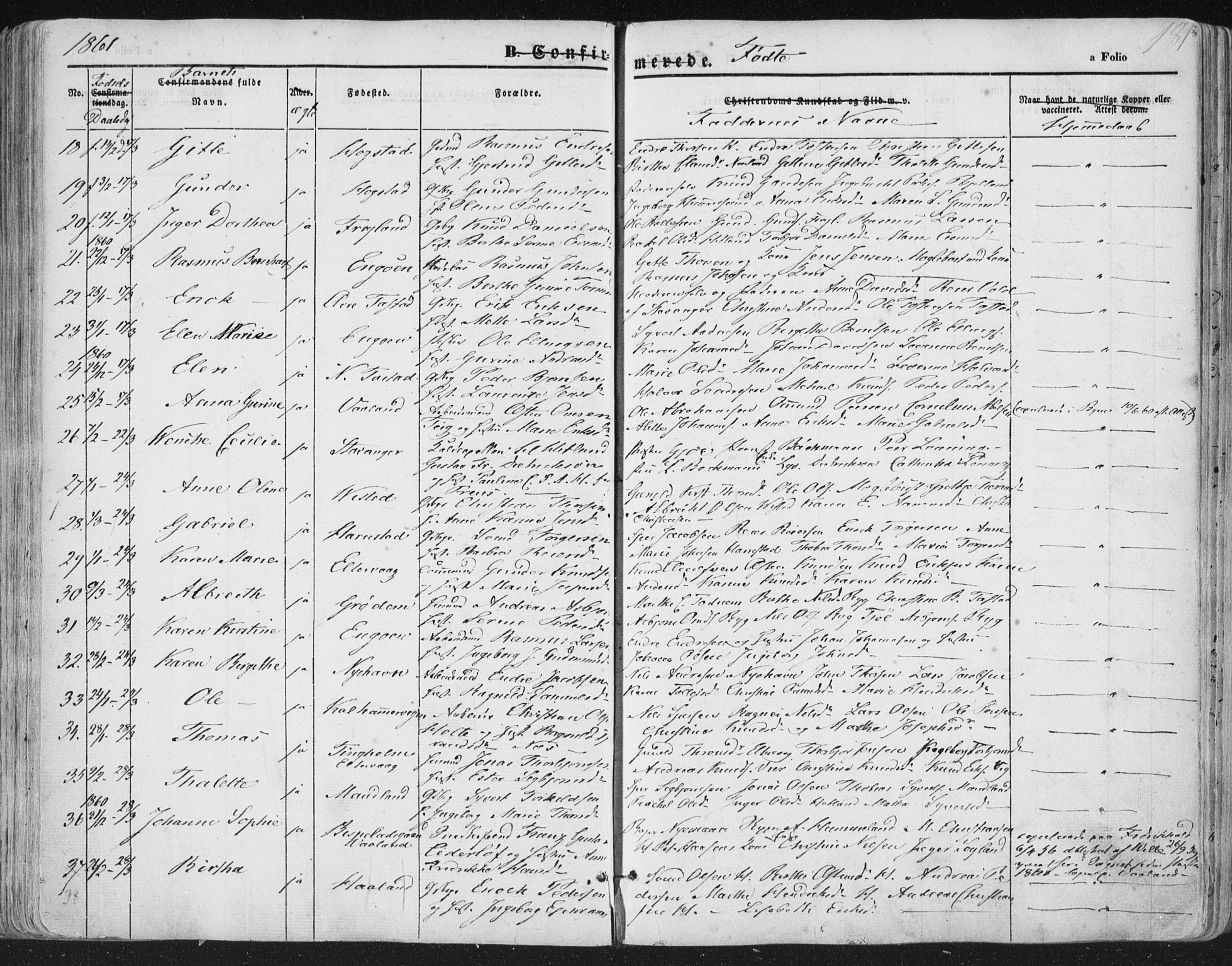 Hetland sokneprestkontor, AV/SAST-A-101826/30/30BA/L0002: Parish register (official) no. A 2, 1849-1869, p. 181