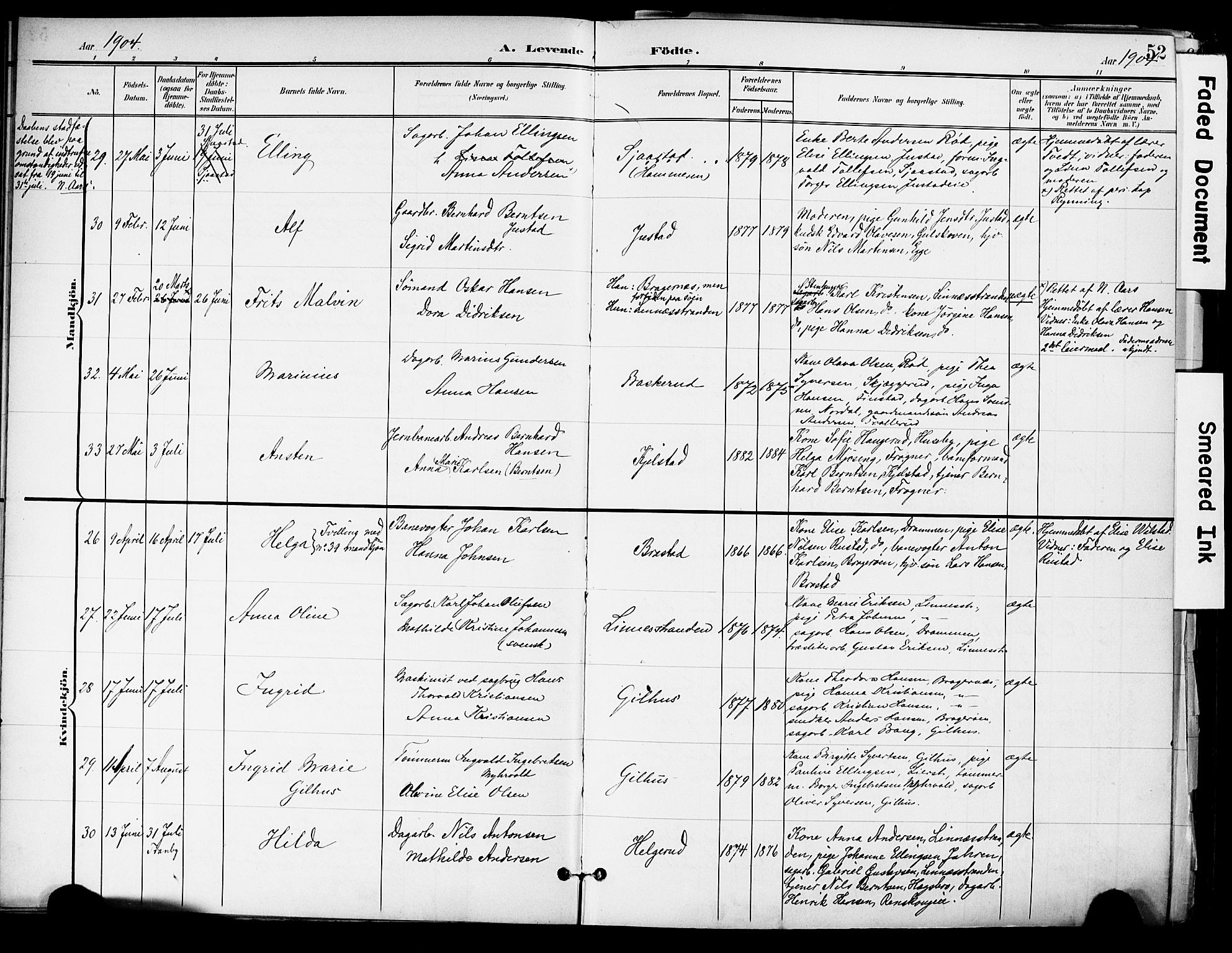 Lier kirkebøker, AV/SAKO-A-230/F/Fa/L0017: Parish register (official) no. I 17, 1901-1908, p. 52