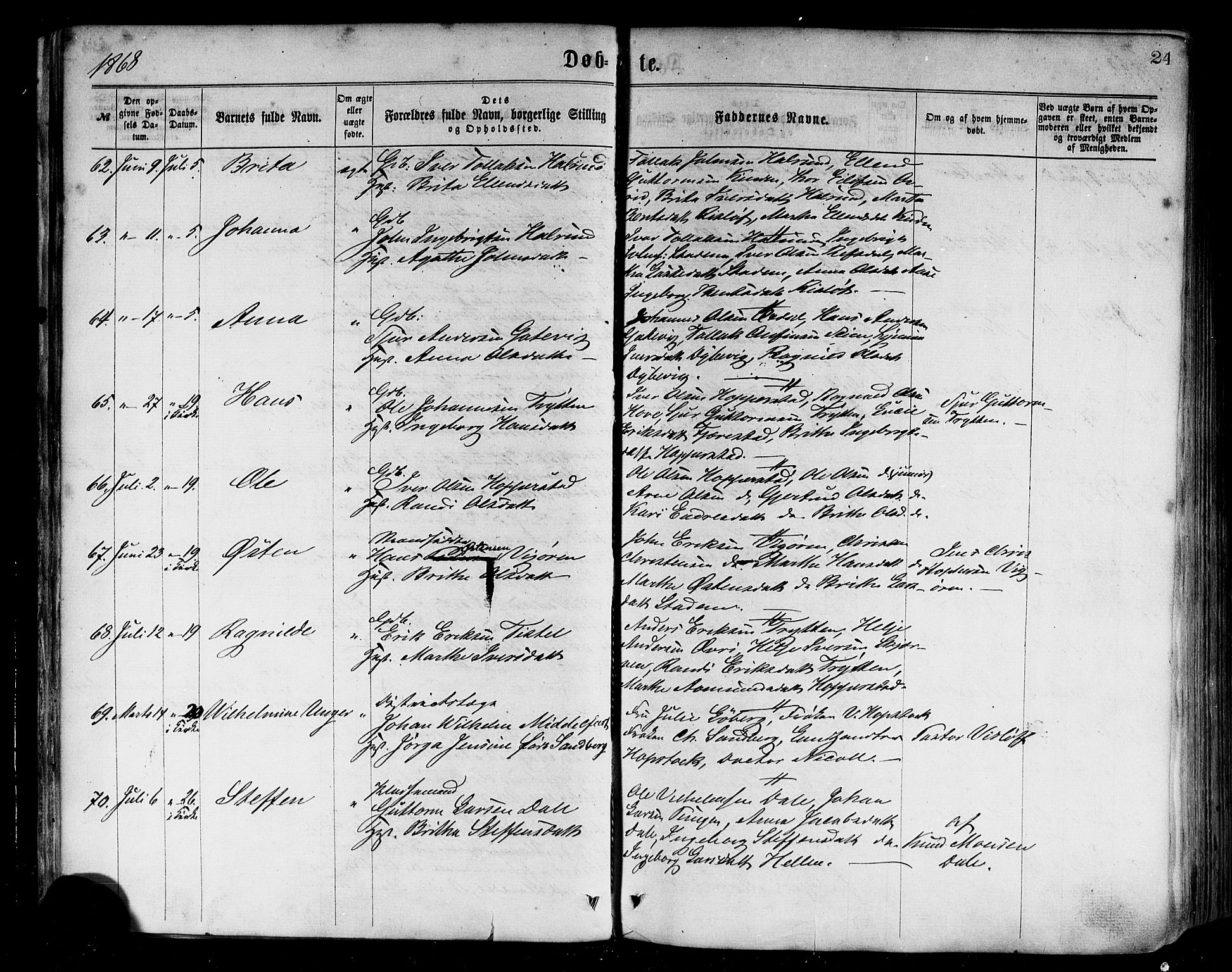 Vik sokneprestembete, AV/SAB-A-81501/H/Haa/Haaa/L0009: Parish register (official) no. A 9, 1866-1877, p. 24