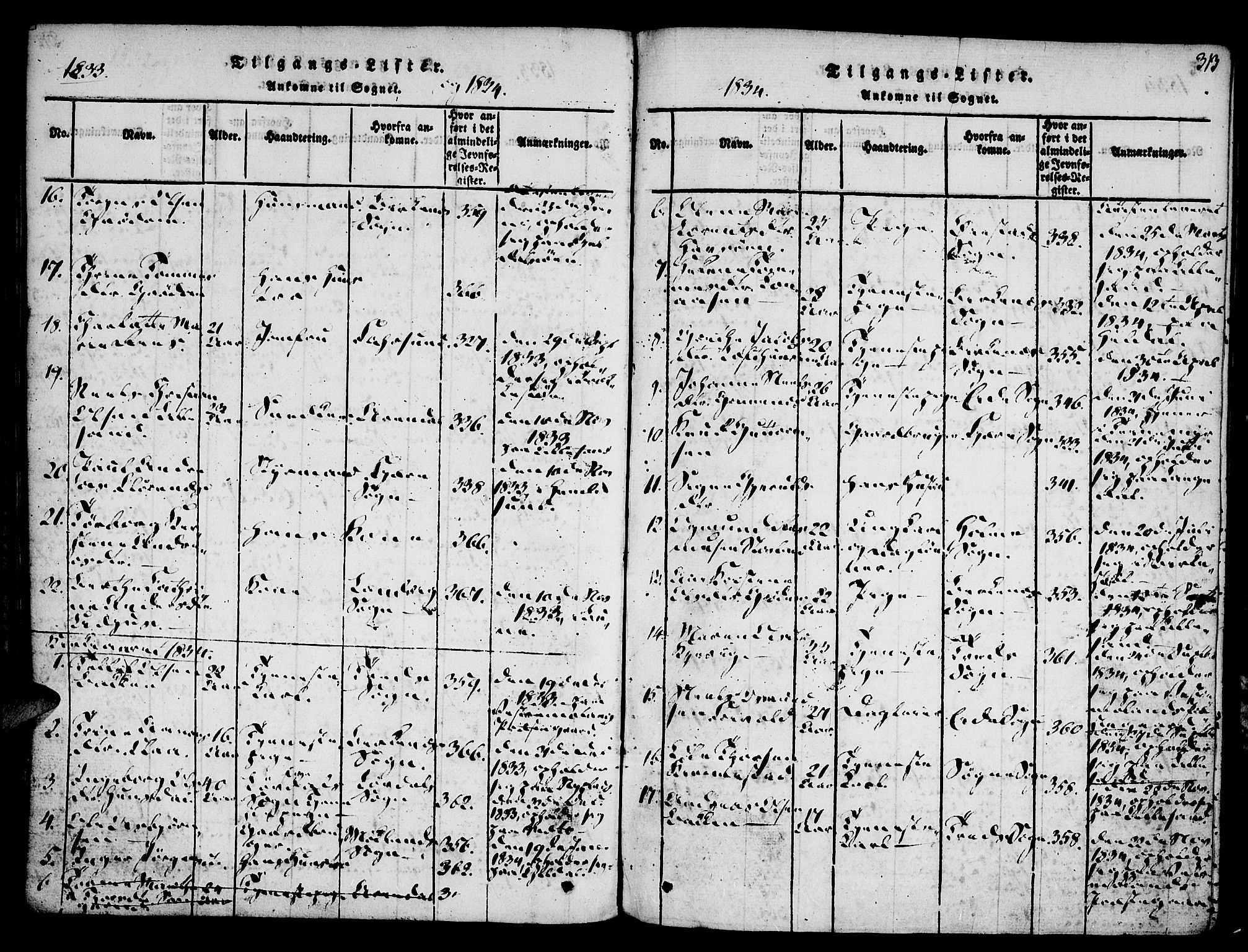 Vestre Moland sokneprestkontor, SAK/1111-0046/F/Fa/Fab/L0003: Parish register (official) no. A 3, 1816-1843, p. 313