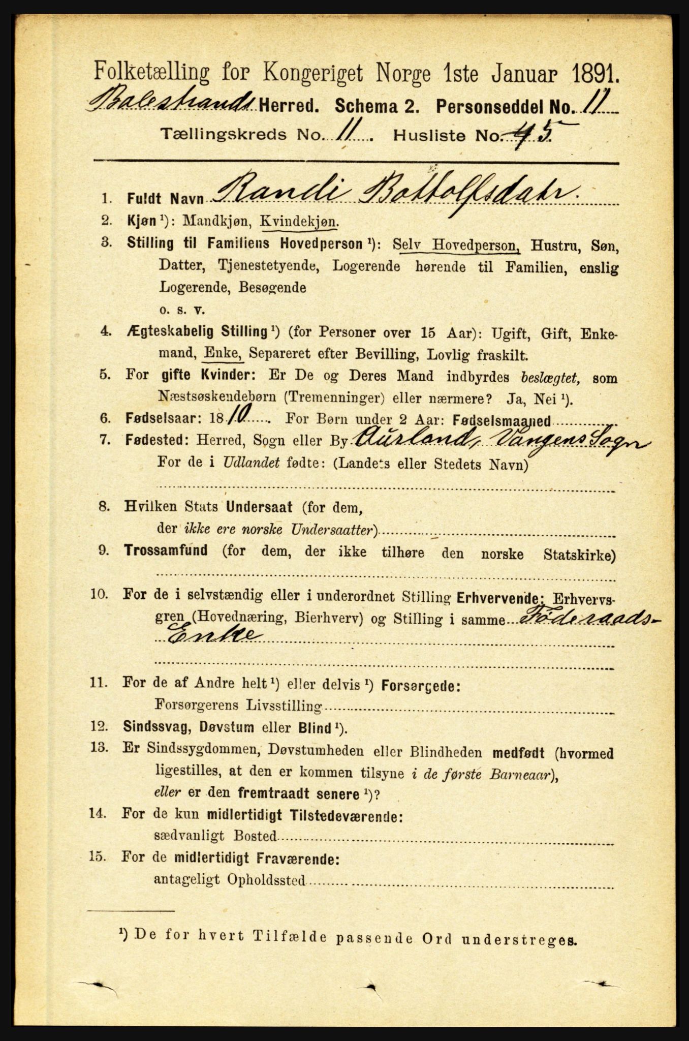 RA, 1891 census for 1418 Balestrand, 1891, p. 2742