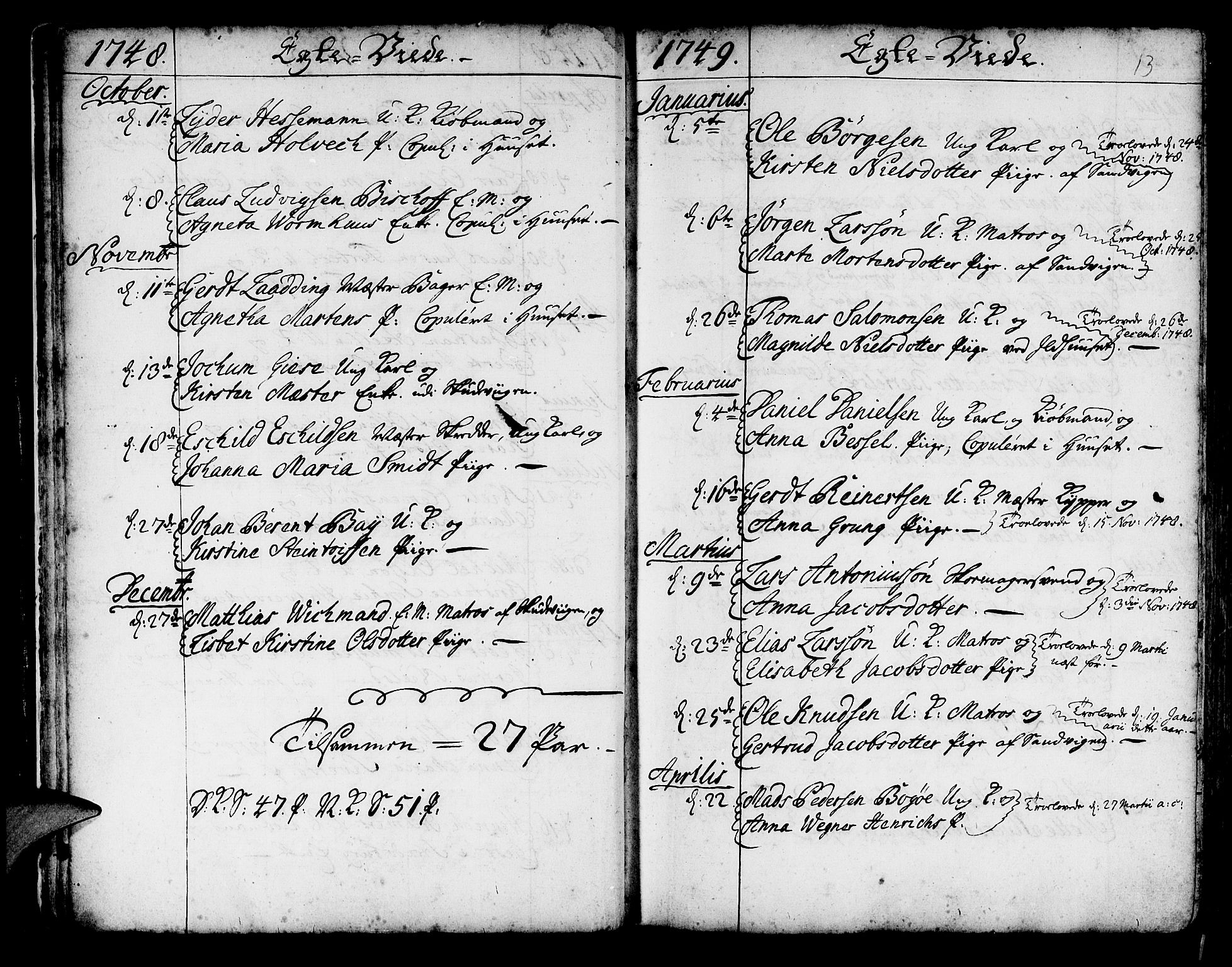 Korskirken sokneprestembete, SAB/A-76101/H/Haa/L0009: Parish register (official) no. A 9, 1743-1861, p. 13