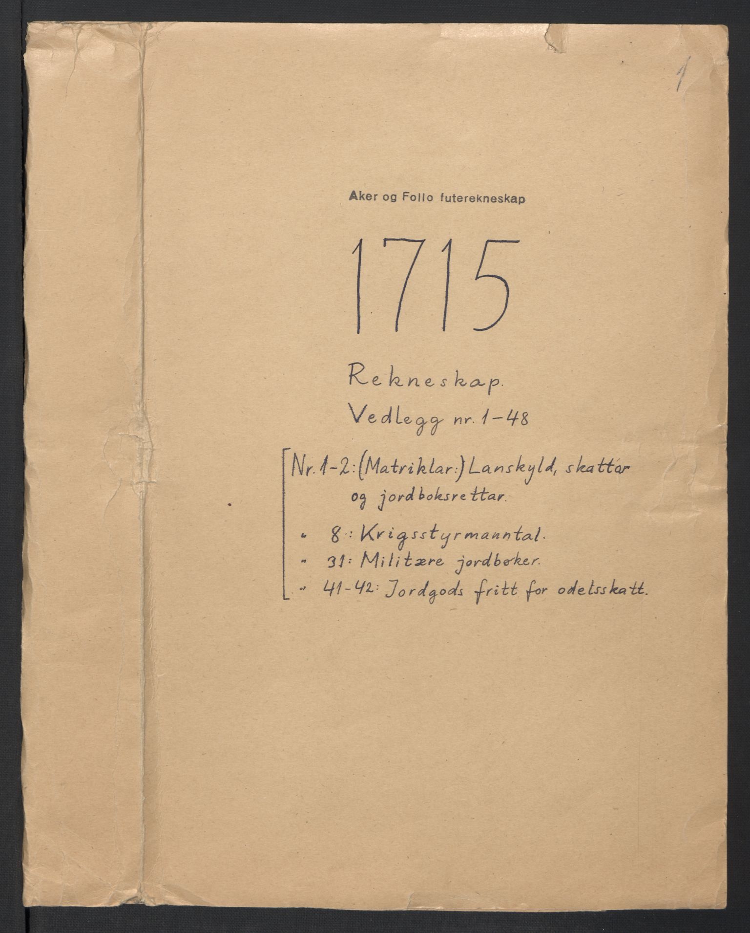 Rentekammeret inntil 1814, Reviderte regnskaper, Fogderegnskap, RA/EA-4092/R10/L0453: Fogderegnskap Aker og Follo, 1715, p. 2
