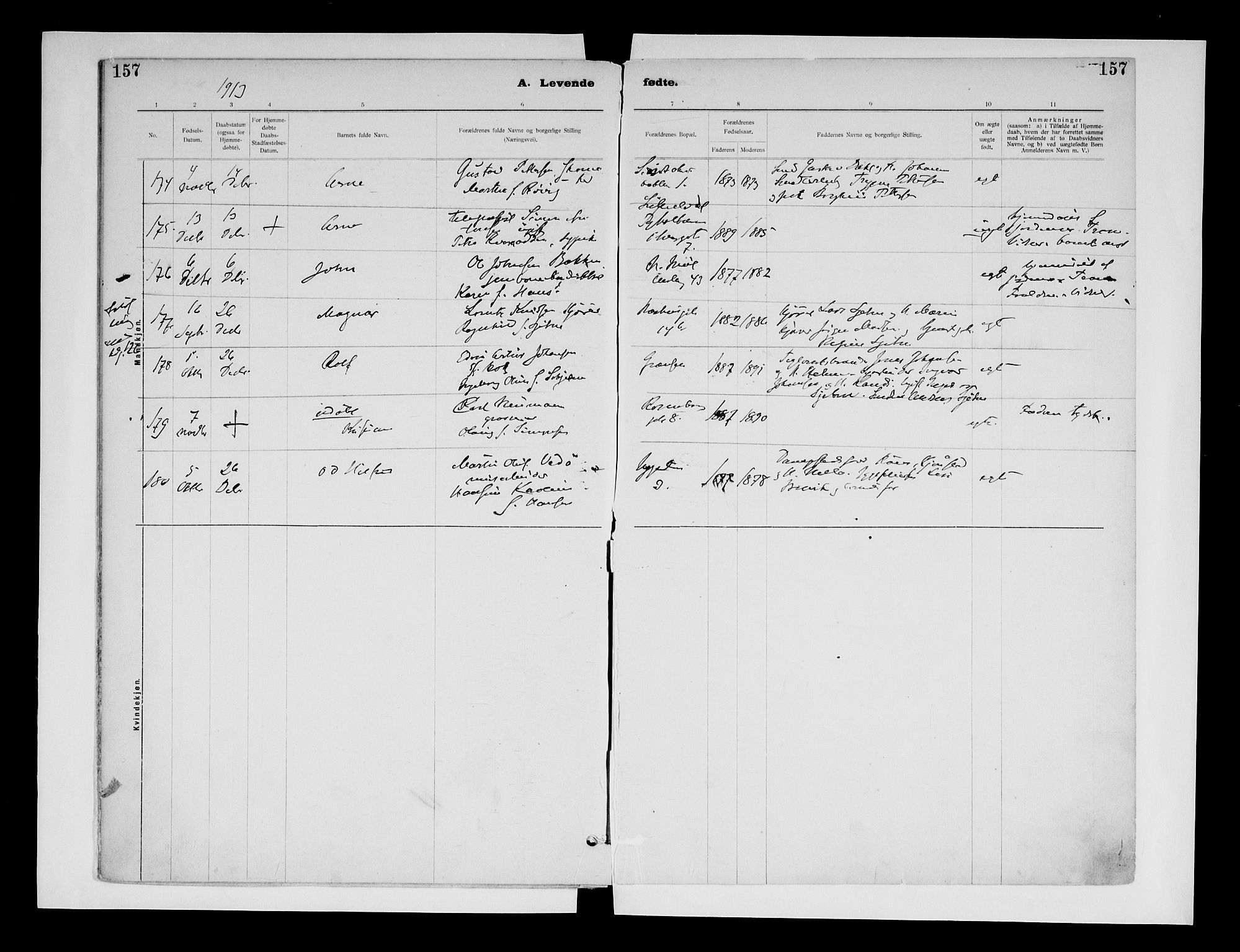 Ministerialprotokoller, klokkerbøker og fødselsregistre - Sør-Trøndelag, AV/SAT-A-1456/604/L0203: Parish register (official) no. 604A23, 1908-1916, p. 157