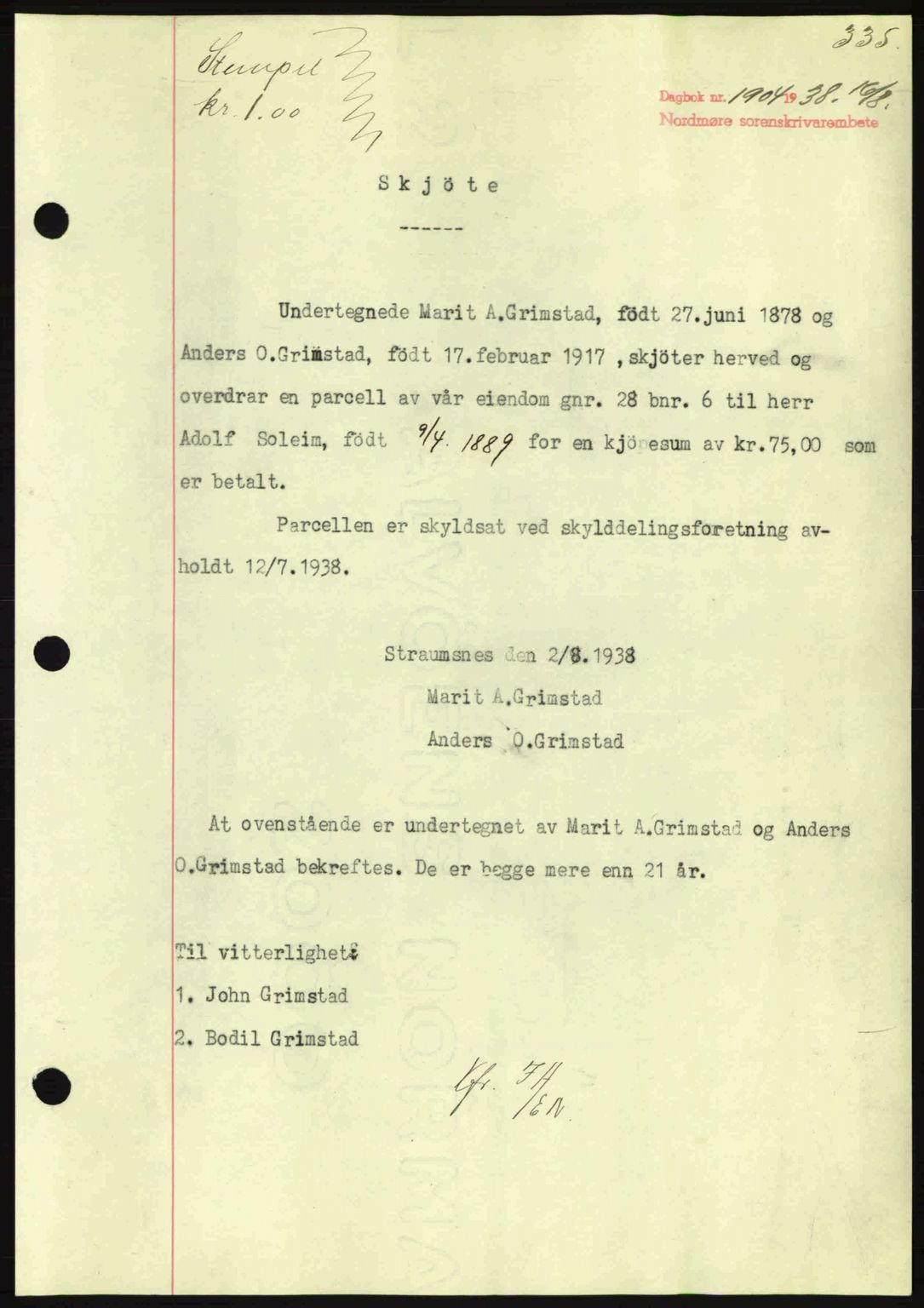 Nordmøre sorenskriveri, AV/SAT-A-4132/1/2/2Ca: Mortgage book no. A84, 1938-1938, Diary no: : 1904/1938