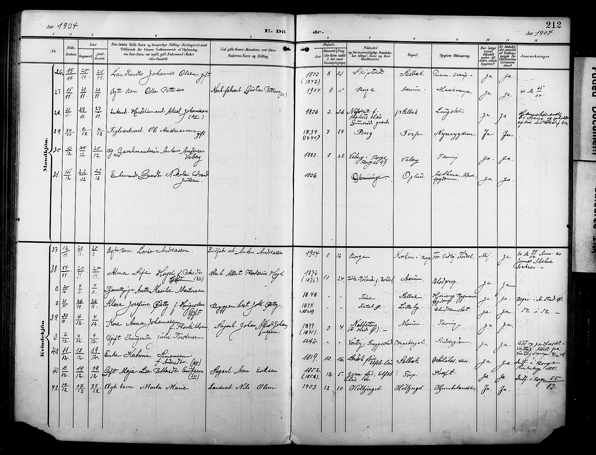 Borge prestekontor Kirkebøker, SAO/A-10903/F/Fa/L0009: Parish register (official) no. I 9, 1902-1911, p. 212