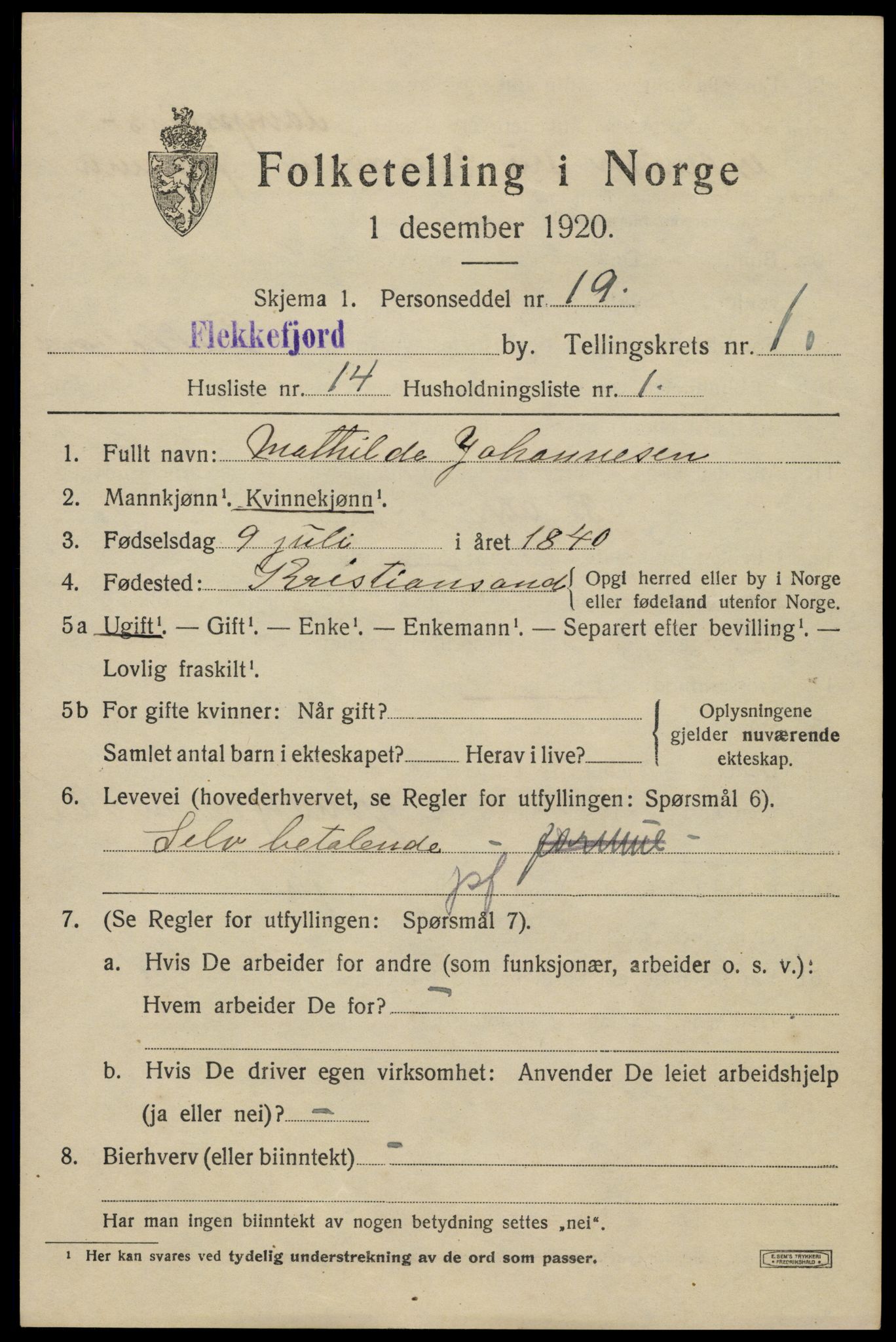 SAK, 1920 census for Flekkefjord, 1920, p. 2032