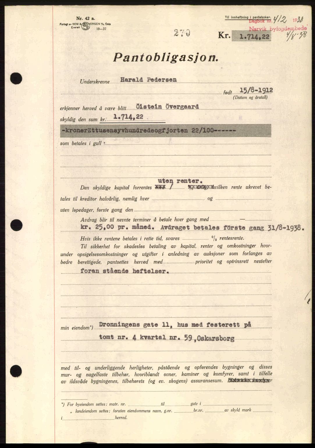 Narvik sorenskriveri, AV/SAT-A-0002/1/2/2C/2Ca: Mortgage book no. A15, 1937-1939, Diary no: : 412/1938