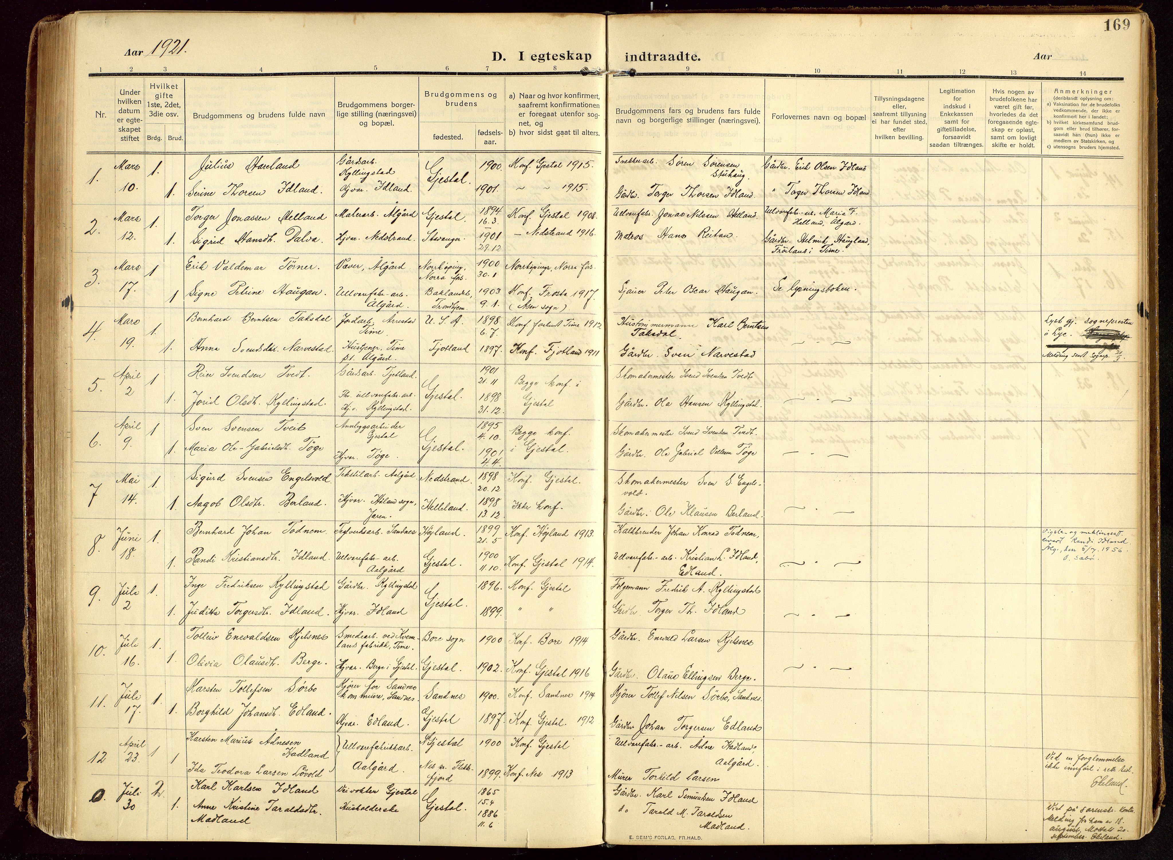 Lye sokneprestkontor, AV/SAST-A-101794/002/B/L0001: Parish register (official) no. A 13, 1910-1925, p. 169