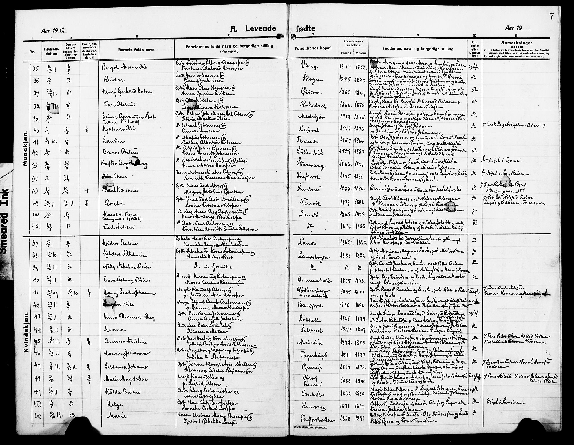 Lenvik sokneprestembete, AV/SATØ-S-1310/H/Ha/Hab/L0009klokker: Parish register (copy) no. 9, 1912-1926, p. 7