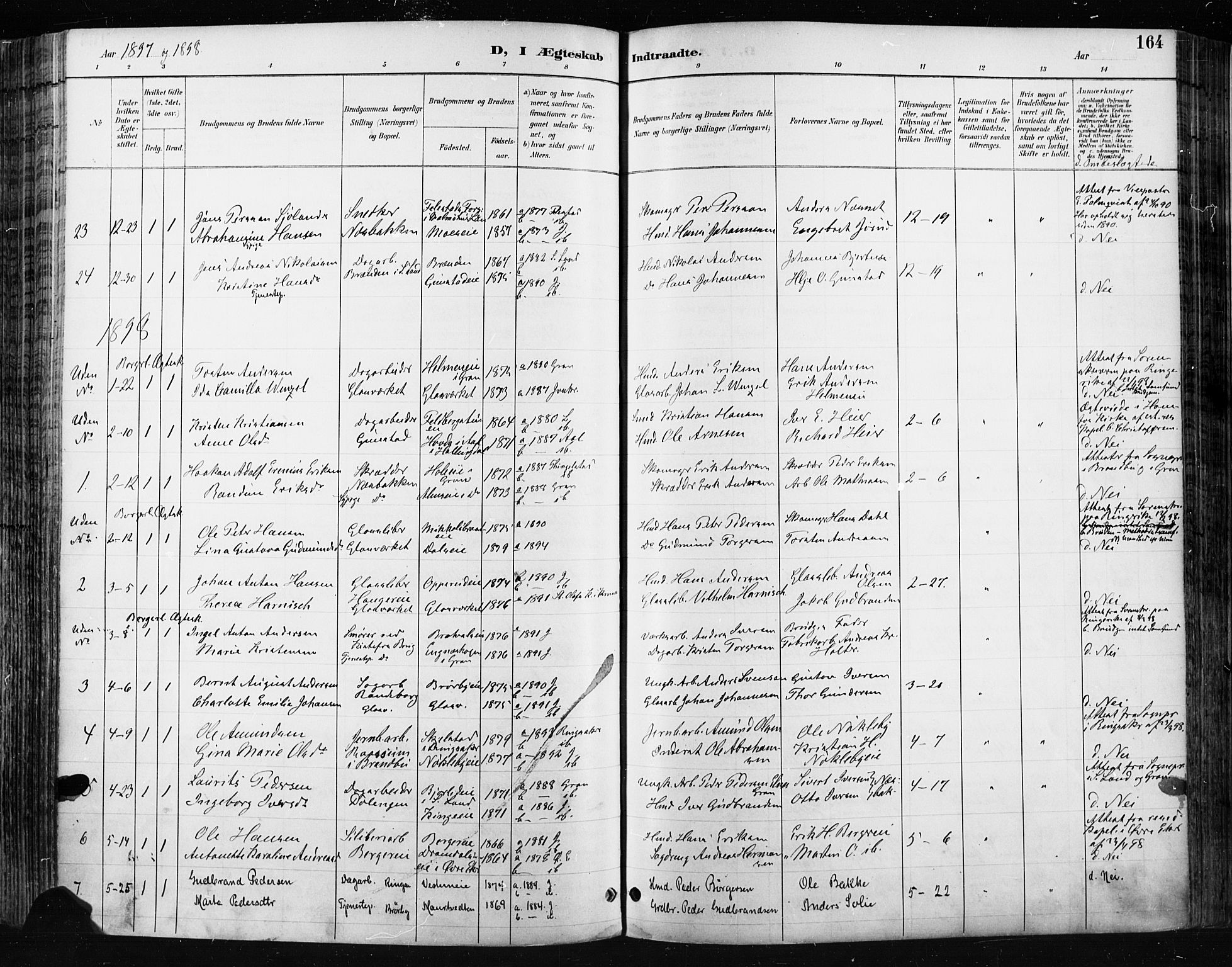 Jevnaker prestekontor, SAH/PREST-116/H/Ha/Haa/L0009: Parish register (official) no. 9, 1891-1901, p. 164