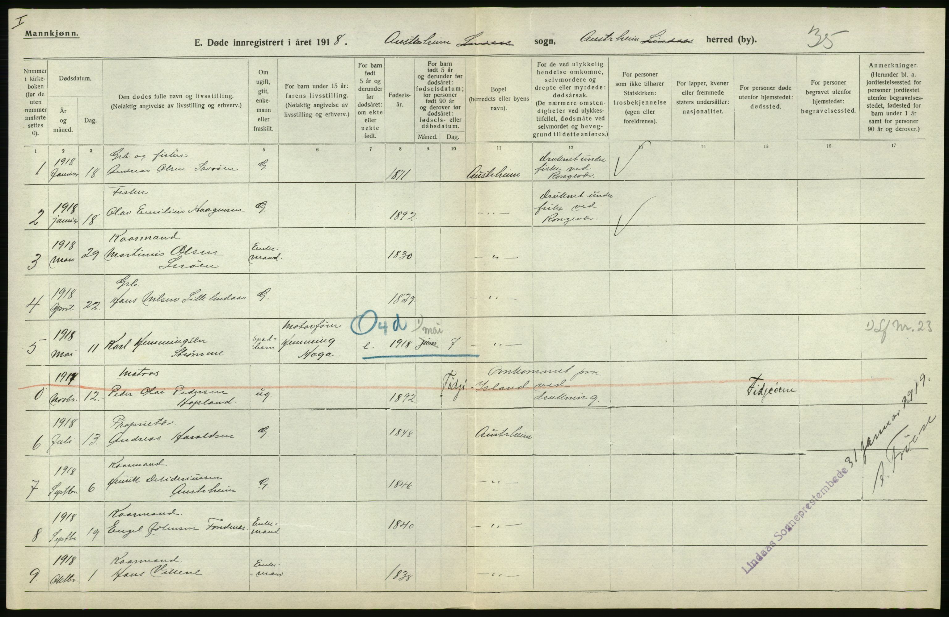 Statistisk sentralbyrå, Sosiodemografiske emner, Befolkning, RA/S-2228/D/Df/Dfb/Dfbh/L0036: Hordaland fylke: Døde., 1918, p. 286