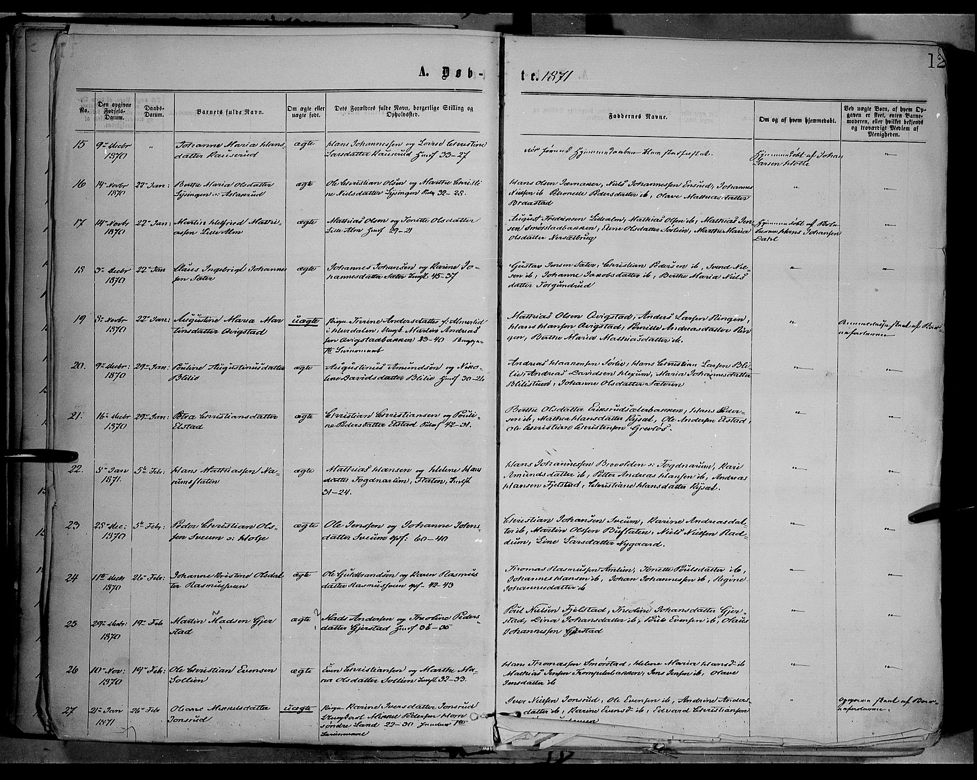 Vestre Toten prestekontor, SAH/PREST-108/H/Ha/Haa/L0008: Parish register (official) no. 8, 1870-1877, p. 12
