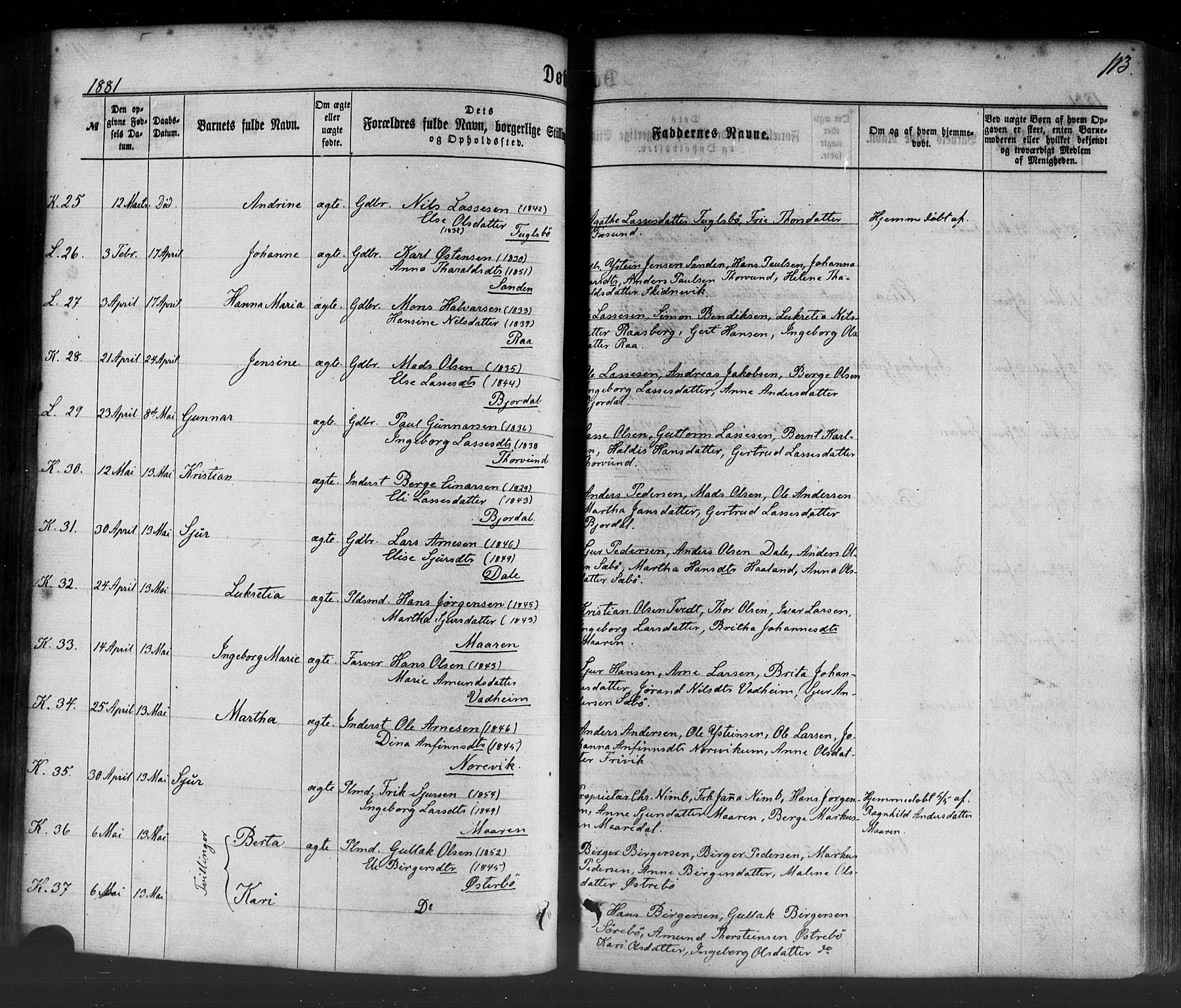 Lavik sokneprestembete, AV/SAB-A-80901: Parish register (official) no. A 4, 1864-1881, p. 113