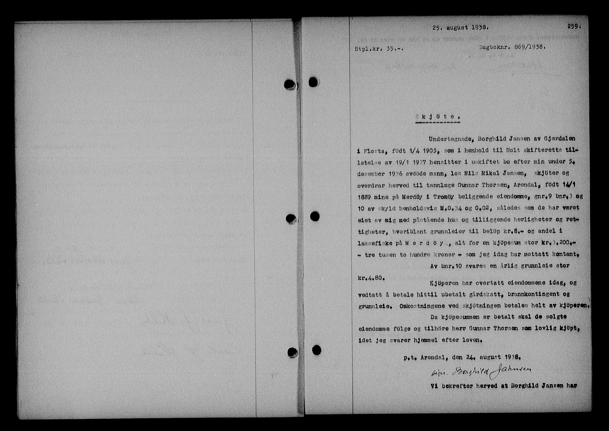 Nedenes sorenskriveri, SAK/1221-0006/G/Gb/Gba/L0045: Mortgage book no. 41, 1938-1938, Diary no: : 869/1938