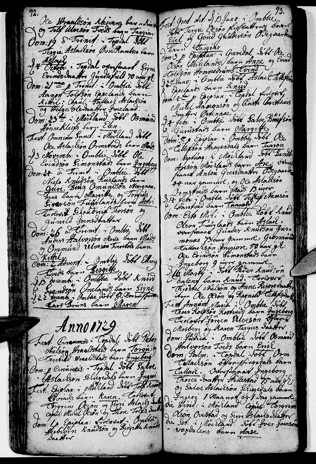 Åmli sokneprestkontor, AV/SAK-1111-0050/F/Fa/Fac/L0001: Parish register (official) no. A 1, 1711-1740, p. 92-93